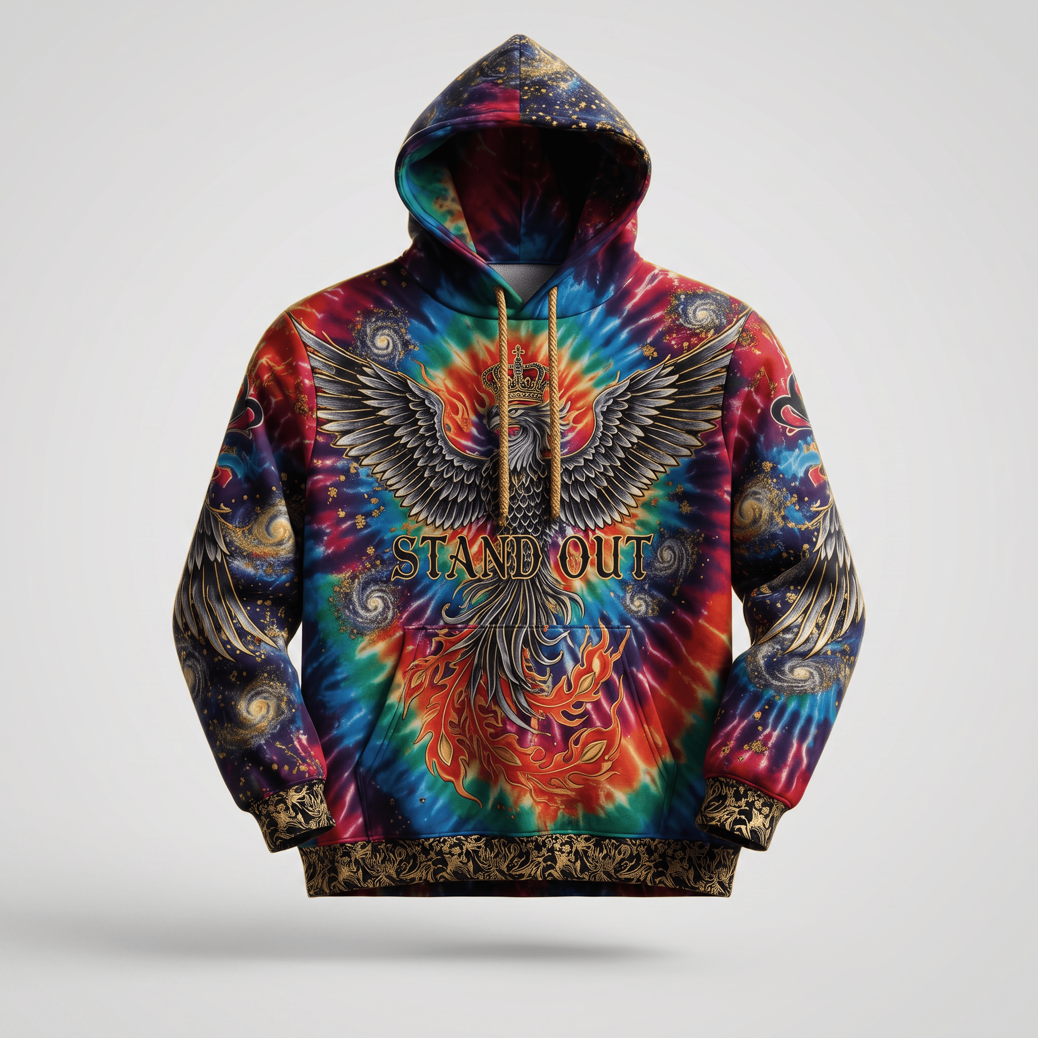 Multicolored tie-dye hoodie with a crowned phoenix graphic, wings, flames, and the text Stand Out.