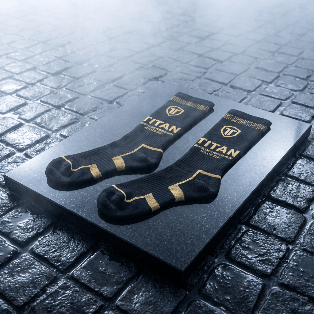 Black athletic compression socks with gold "TITAN" branding and geometric trim on a wet, dark stone surface.