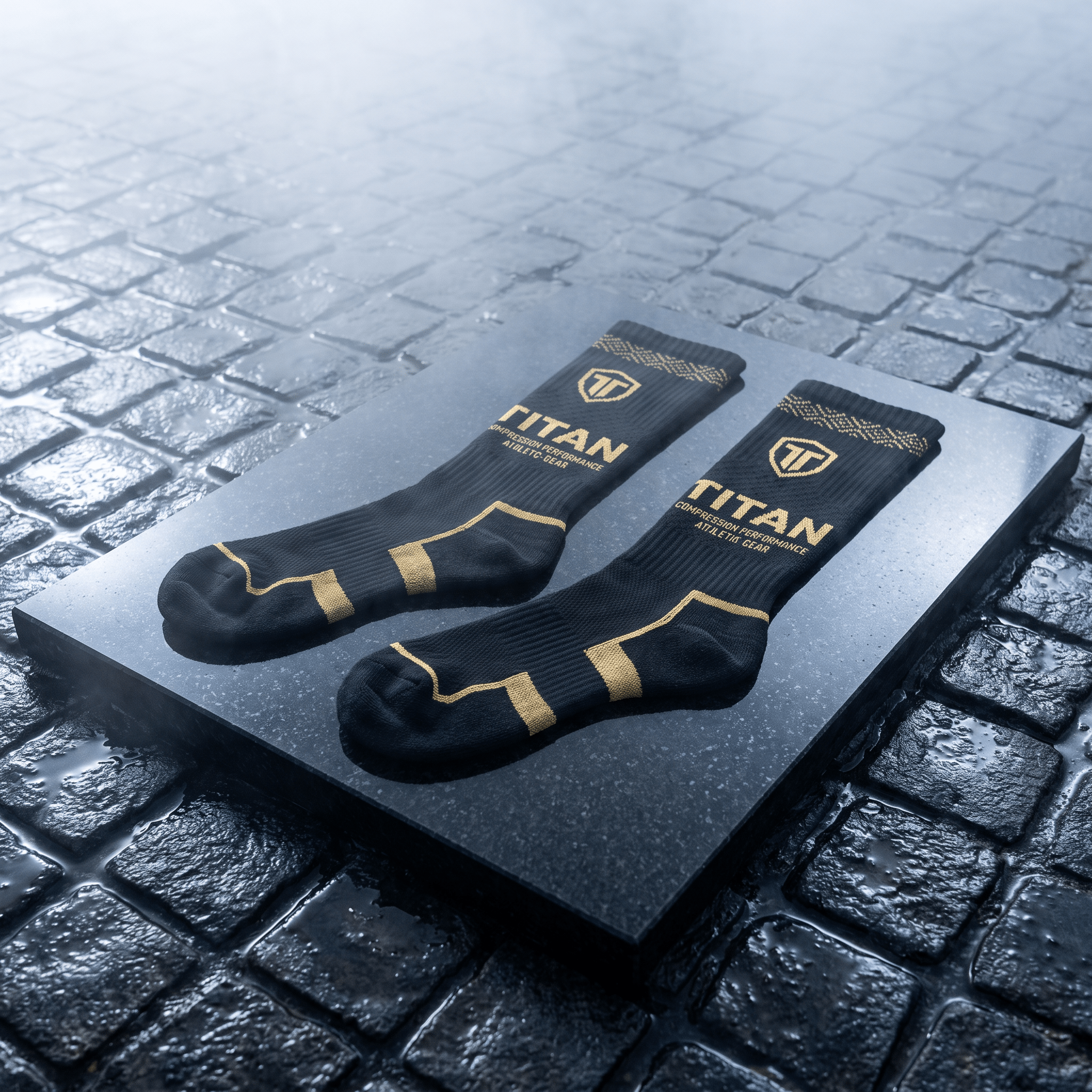 Black athletic compression socks with gold "TITAN" branding and geometric trim on a wet, dark stone surface.