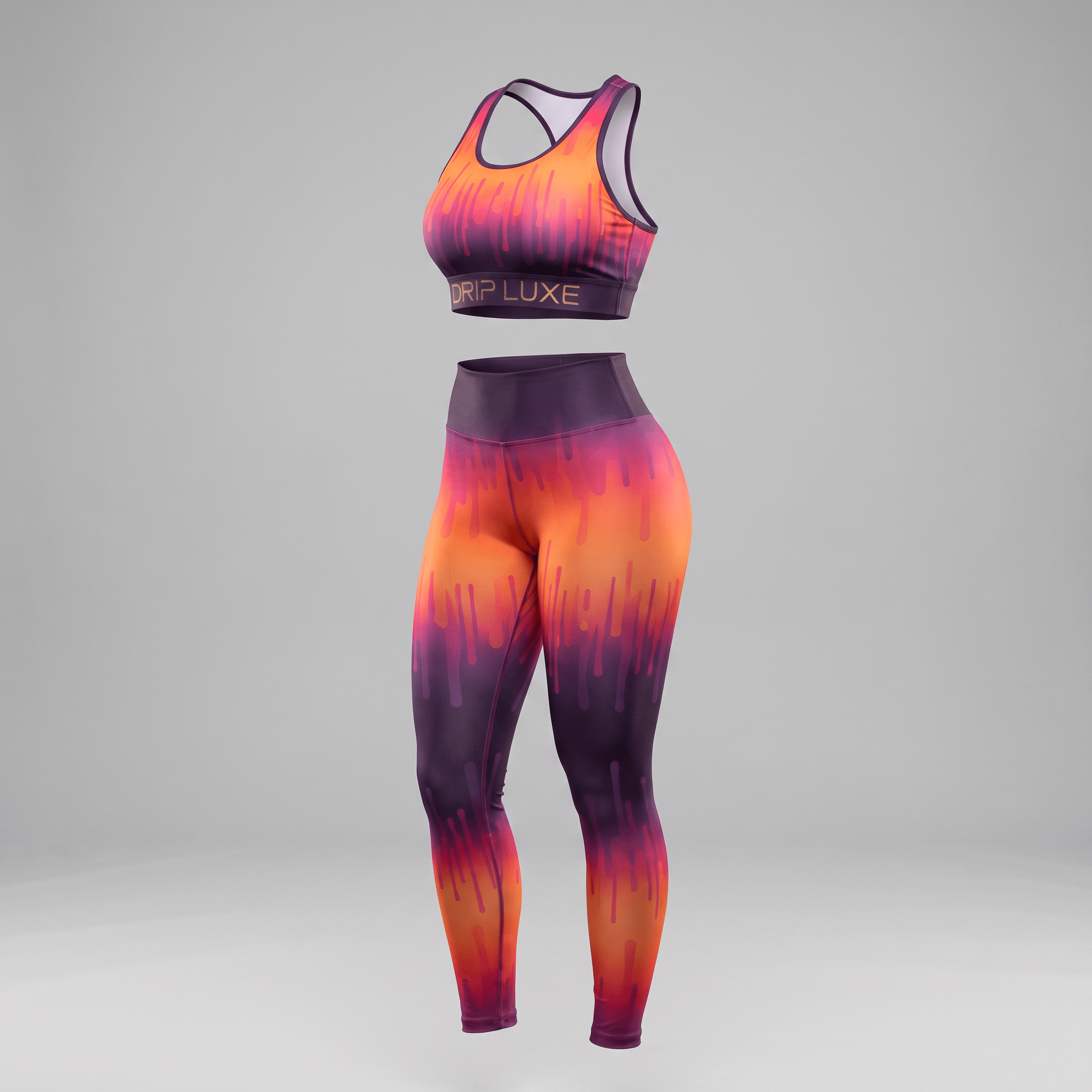 Orange and purple Drip Luxe athletic set featuring a sports bra and high waisted leggings with a drip pattern.