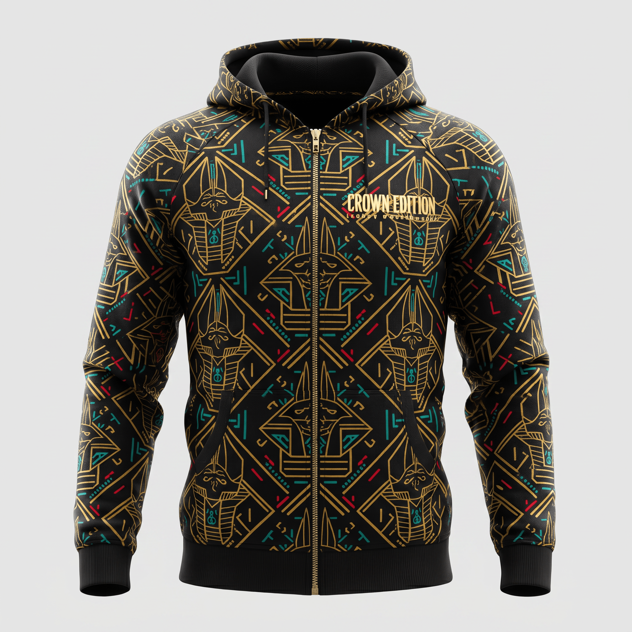 Black zip-up hoodie featuring an all-over gold and teal geometric Egyptian pharaoh pattern and gold Crown Edition logo.