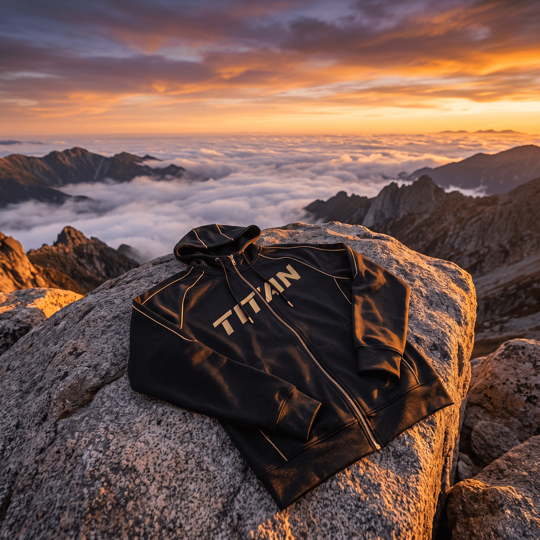 Black zip-up hoodie with gold "TITAN" logo and piping, displayed on a mountain rock at sunrise.