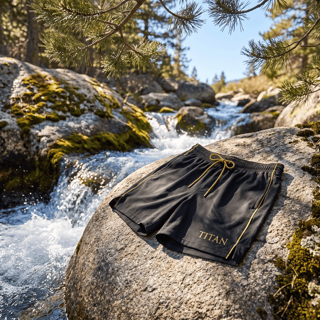 Black athletic shorts with gold drawstring and "TITAN" logo resting on a rock by a stream.