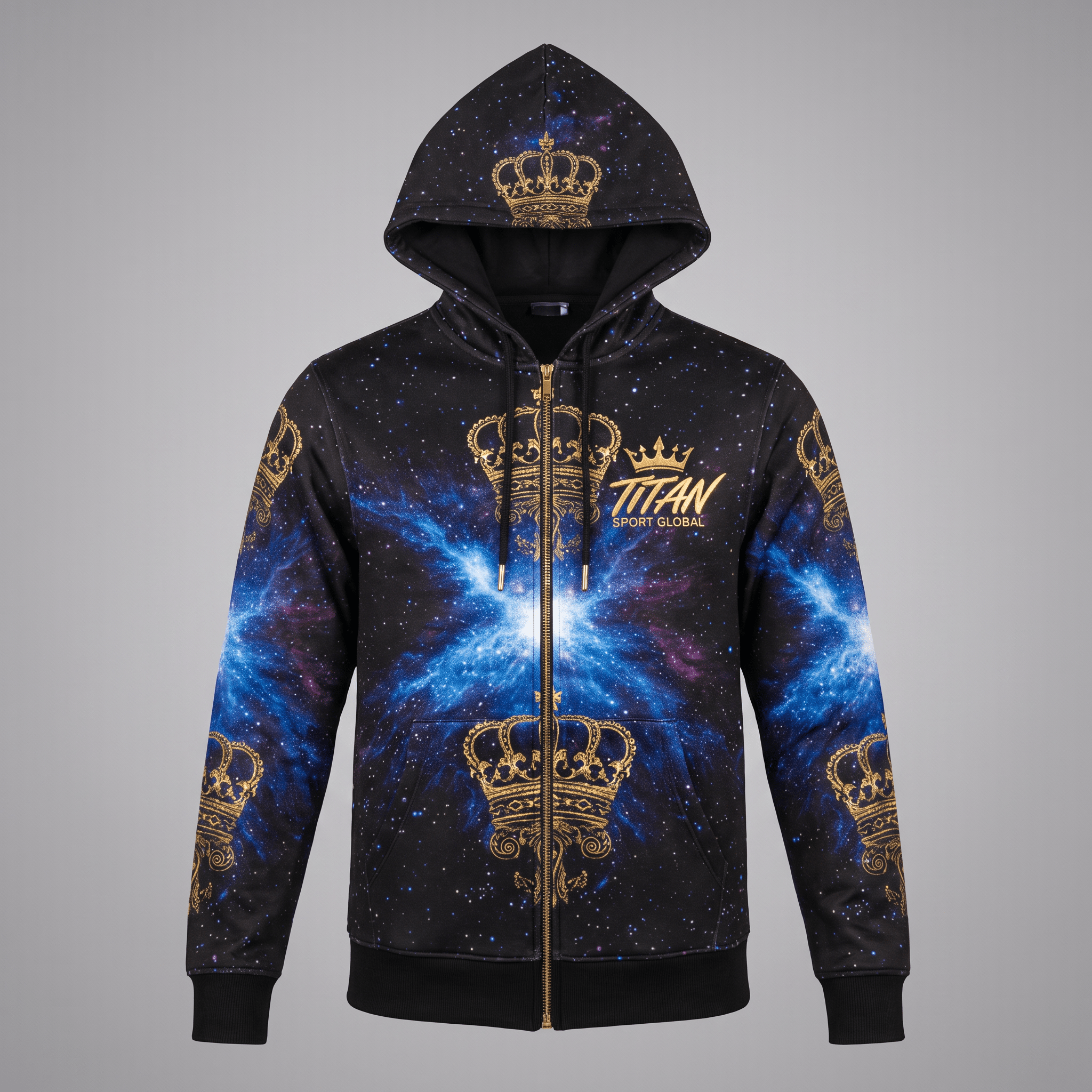 Black zip-up hoodie featuring a blue galaxy print, gold crown graphics, and Titan Sport Global logo.
