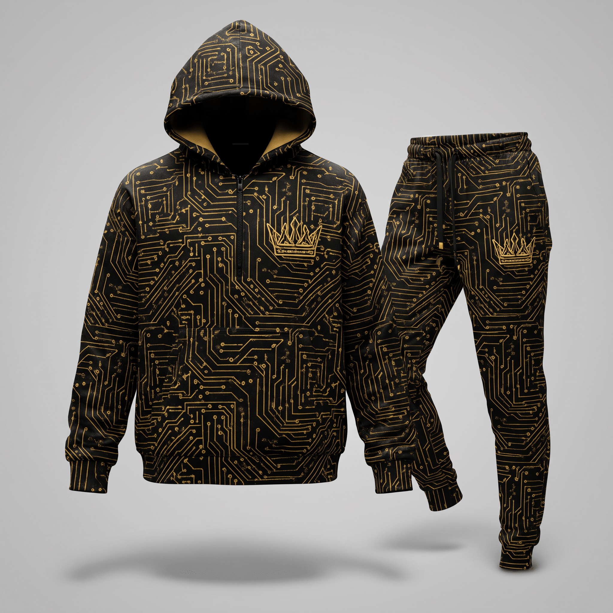 Black and gold circuit board pattern hoodie and jogger pants set with crown logo.