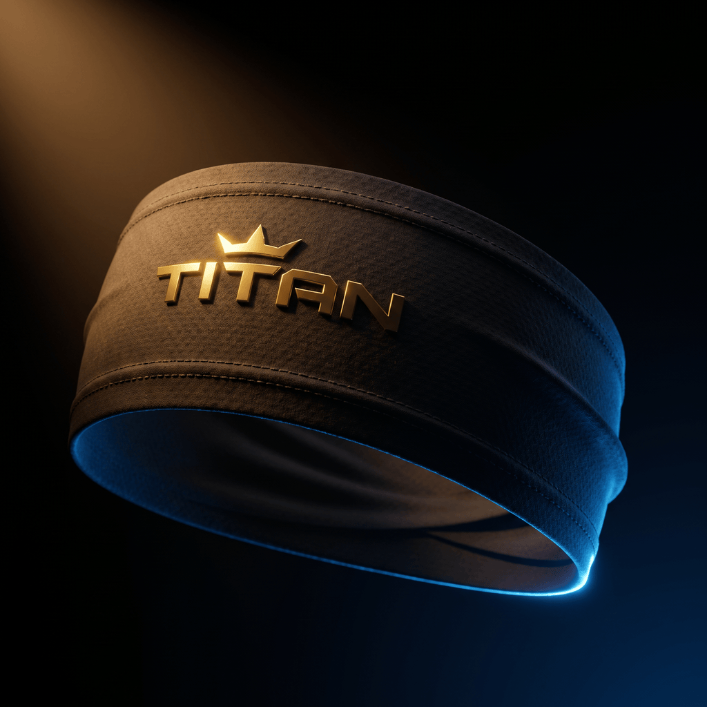 Black athletic headband featuring a gold "TITAN" logo with a crown icon, set against a dark background with rim lighting.