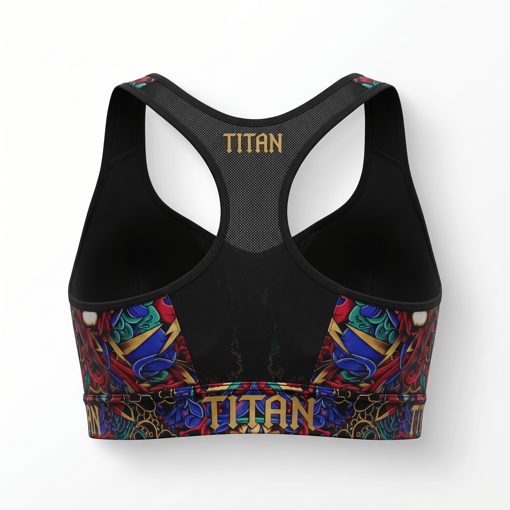 Back view of black Titan sports bra with colorful abstract pattern and mesh racerback.