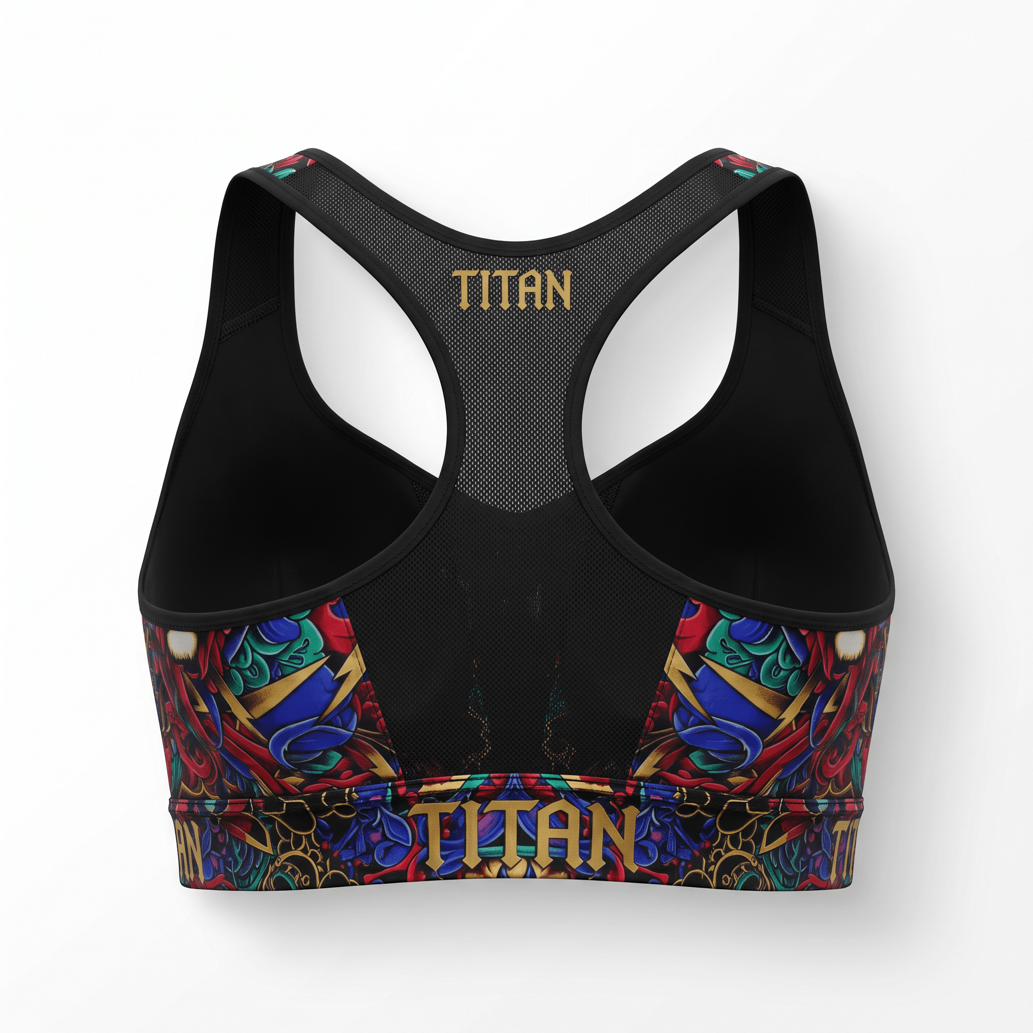 Back view of black Titan sports bra with colorful abstract pattern and mesh racerback.