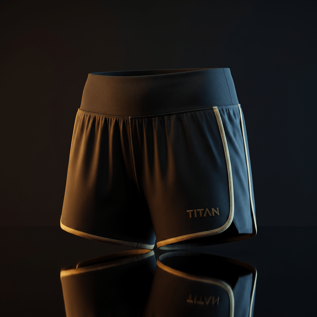 Black athletic shorts with gold piping and "TITAN" logo on a reflective surface against a dark background.