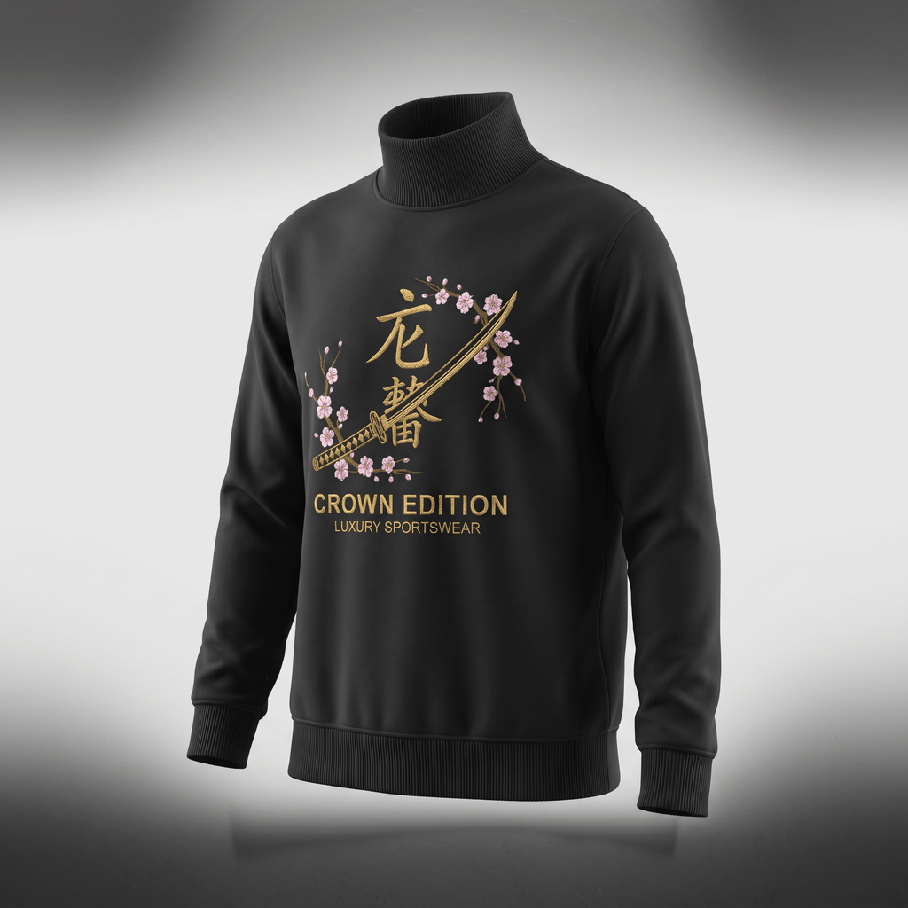 Black turtleneck sweatshirt with gold katana, cherry blossoms, and Crown Edition text.