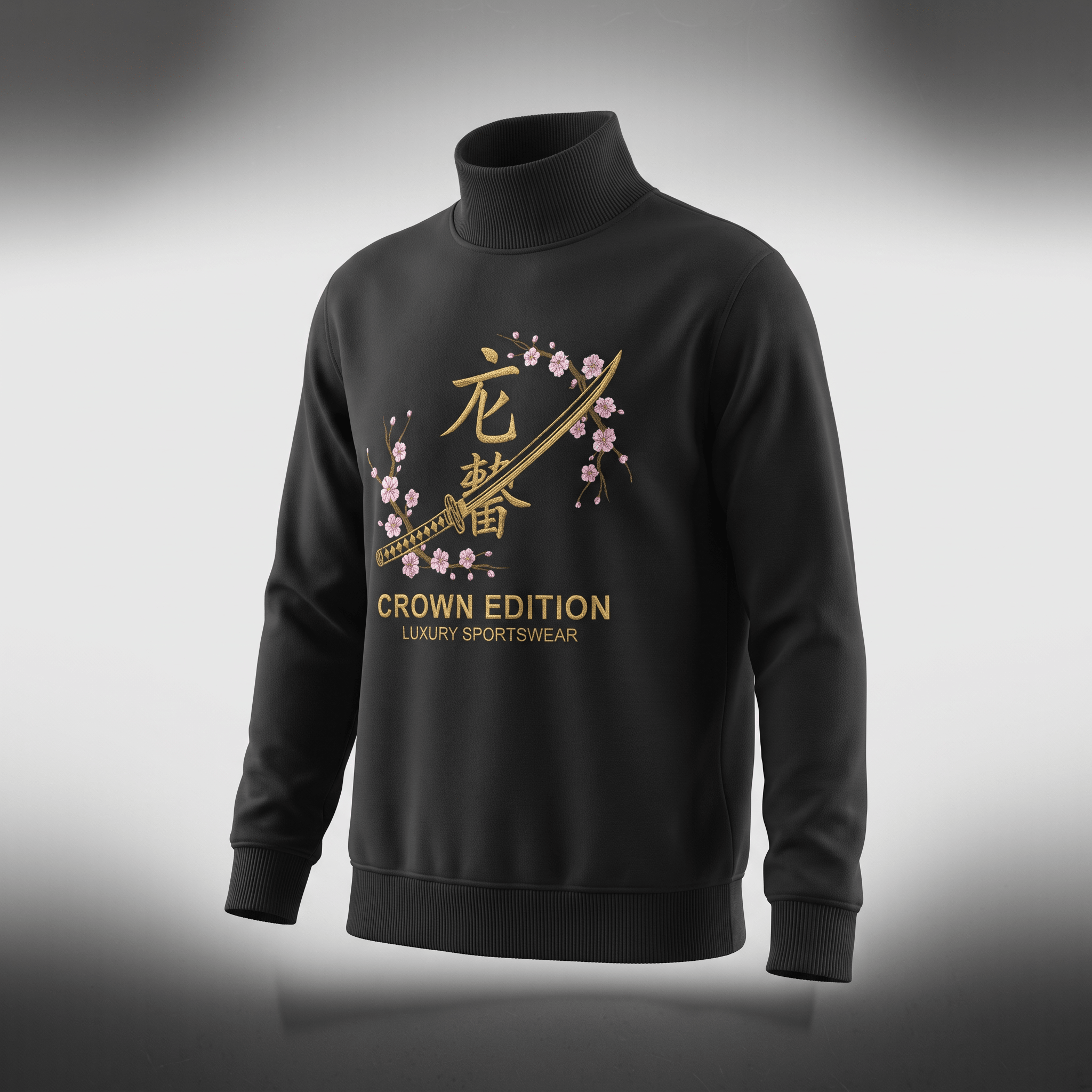 Black turtleneck sweatshirt with gold katana, cherry blossoms, and Crown Edition text.