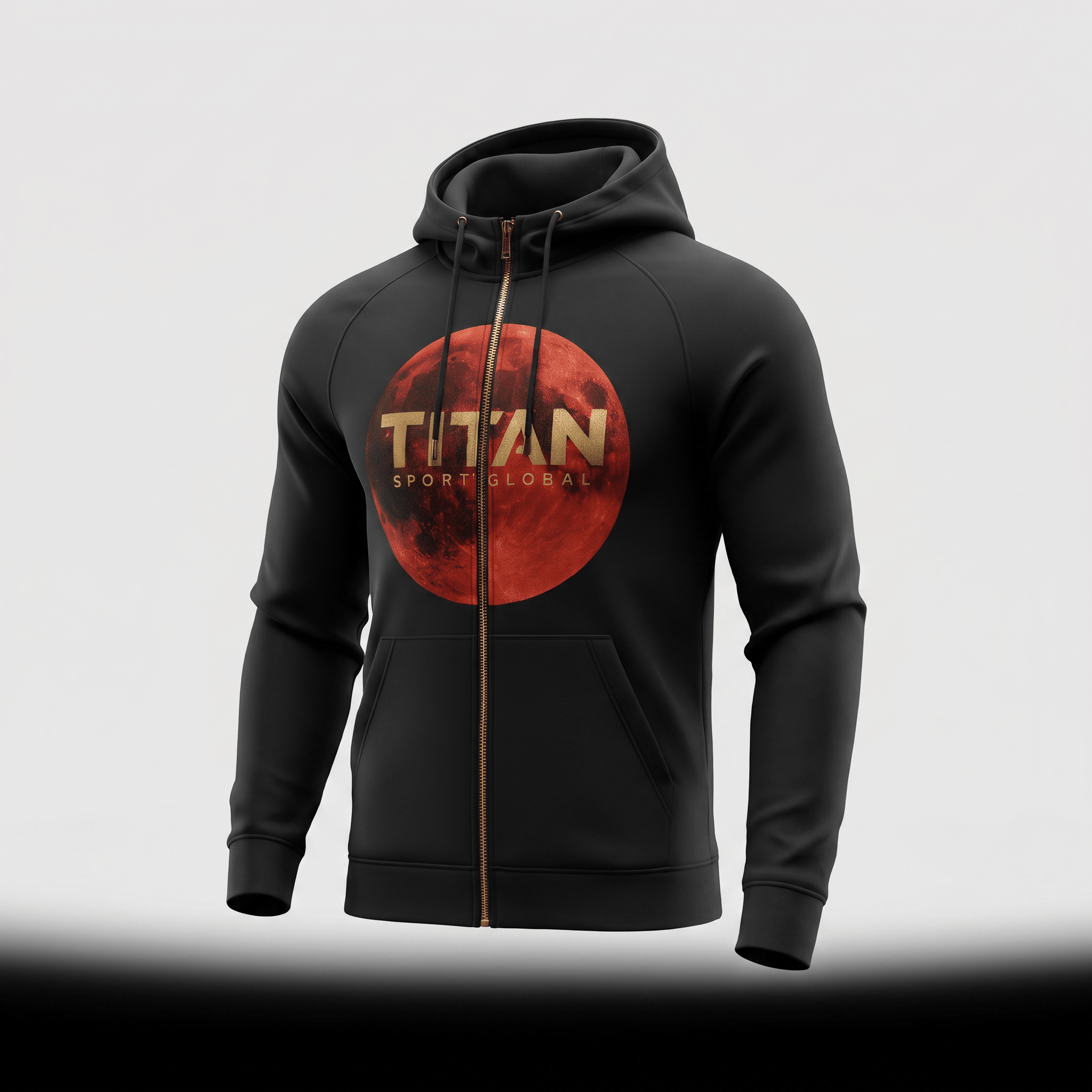 Black full-zip hoodie with a red moon graphic and gold Titan Sport Global logo on the chest.