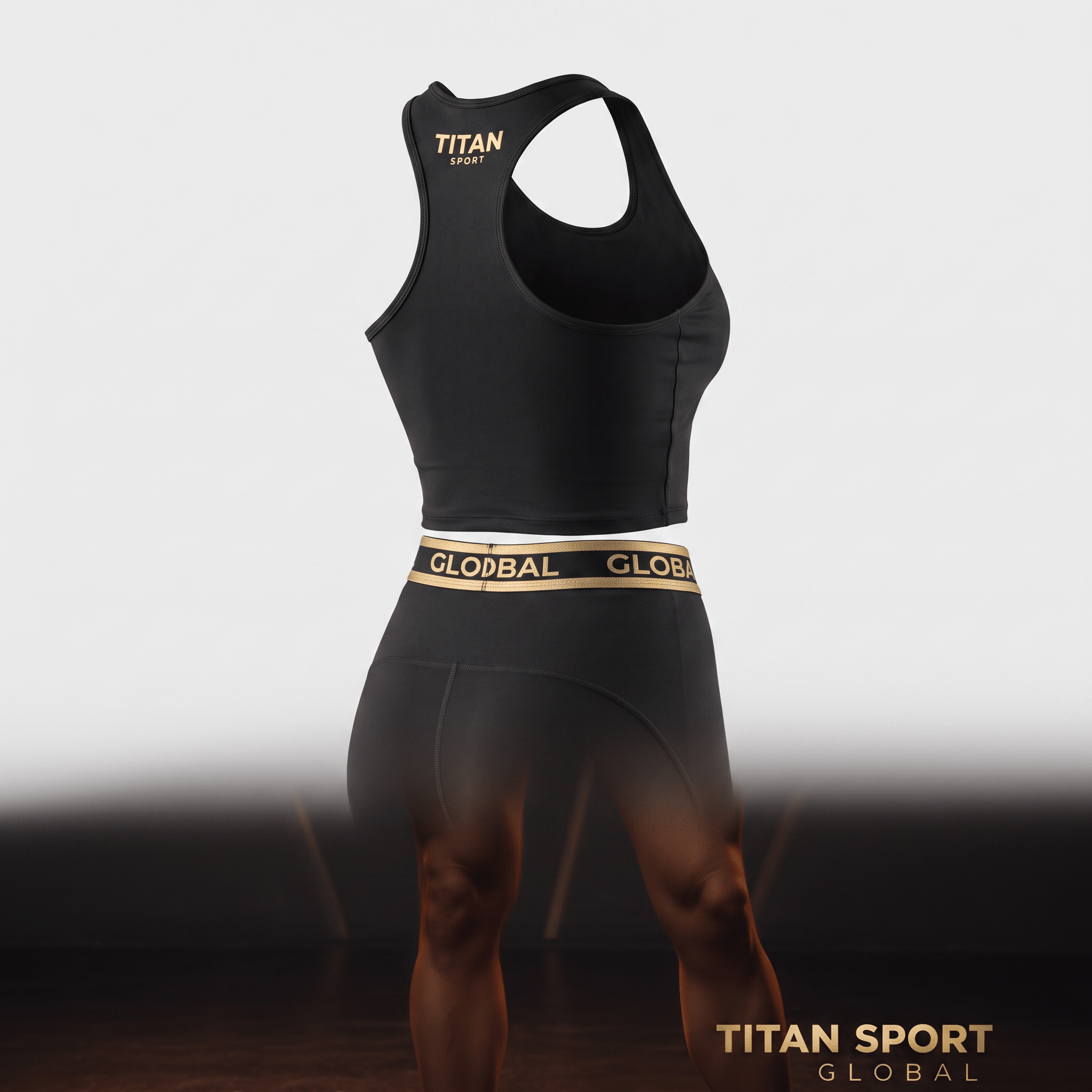 Rear view of a black Titan Sport athletic crop top and shorts set with gold branding.
