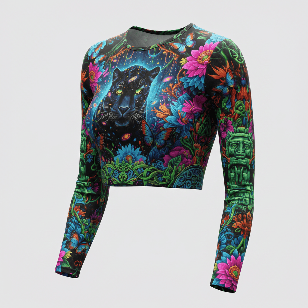 Long-sleeve crop top with vibrant psychedelic panther, jungle floral, and totem pole print on black.