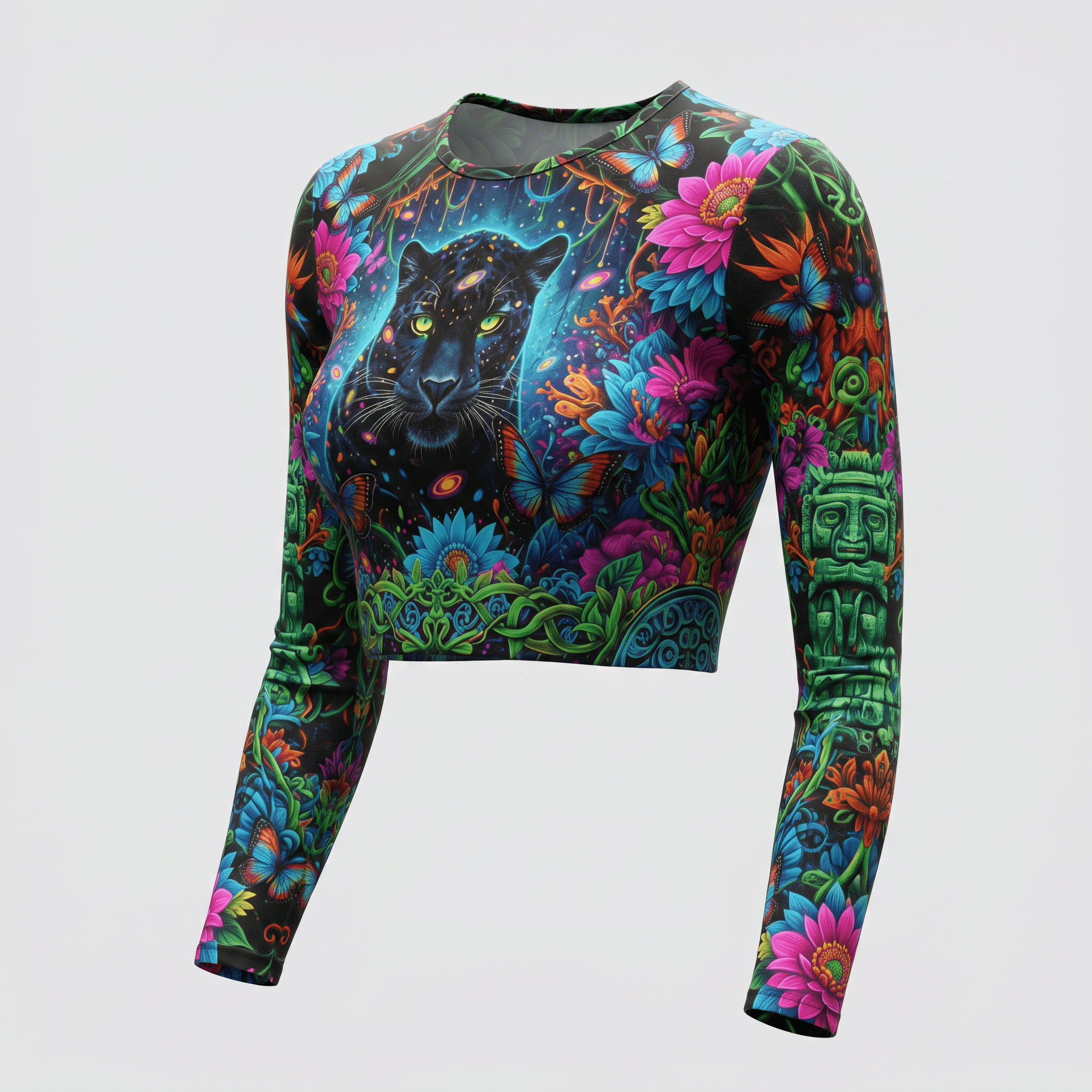 Long-sleeve crop top with vibrant psychedelic panther, jungle floral, and totem pole print on black.