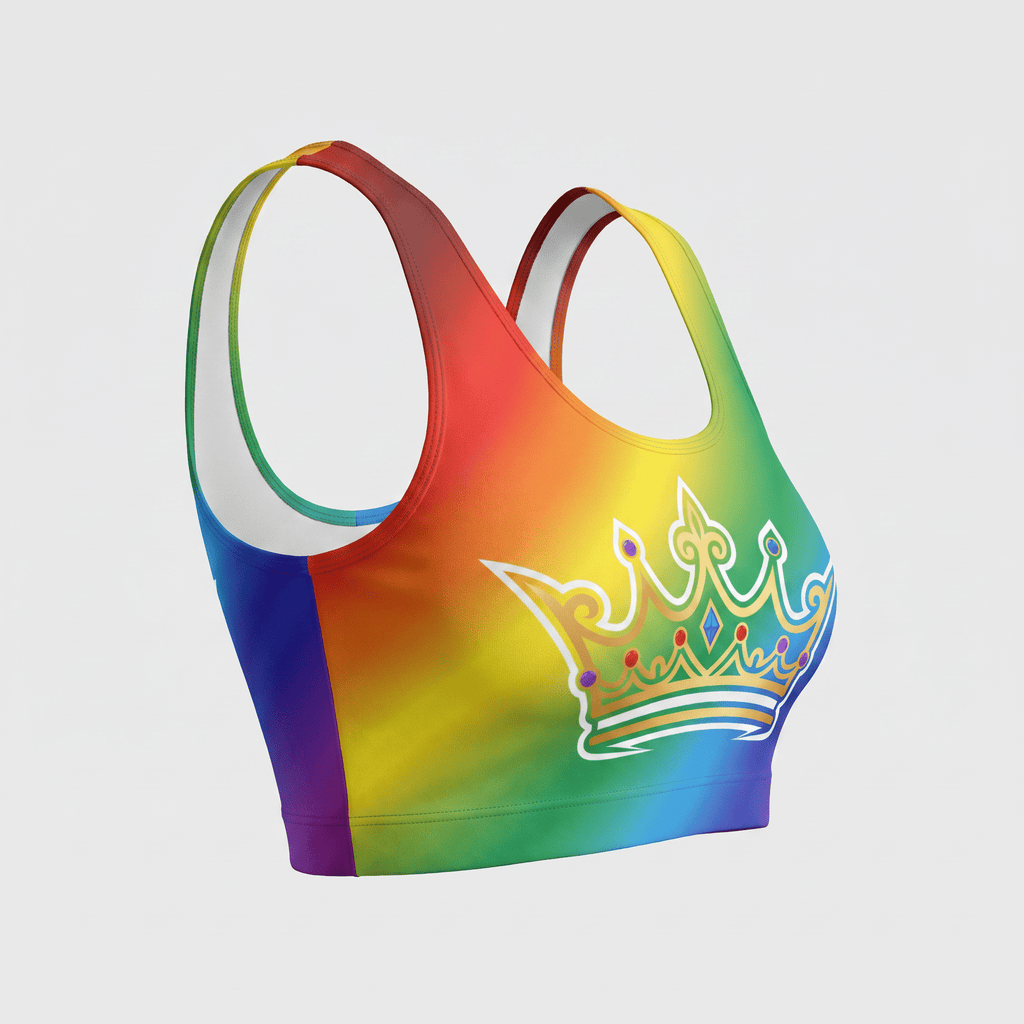 Rainbow sports bra with a crown graphic on the front, displayed on a light background.