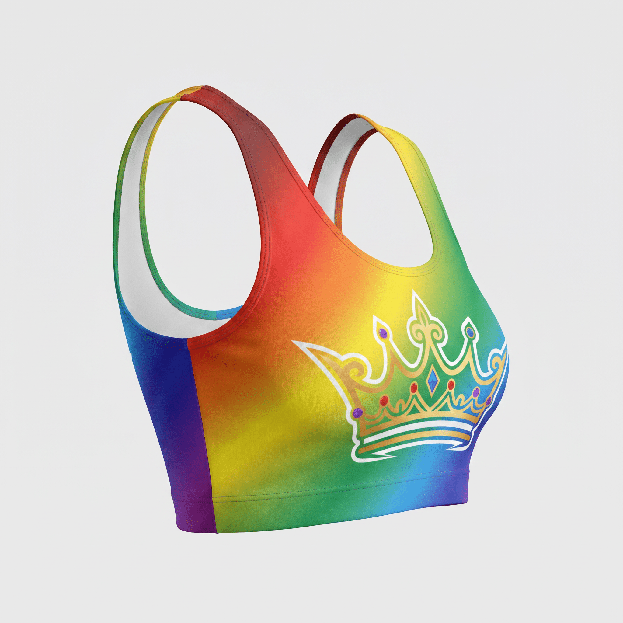 Rainbow sports bra with a crown graphic on the front, displayed on a light background.