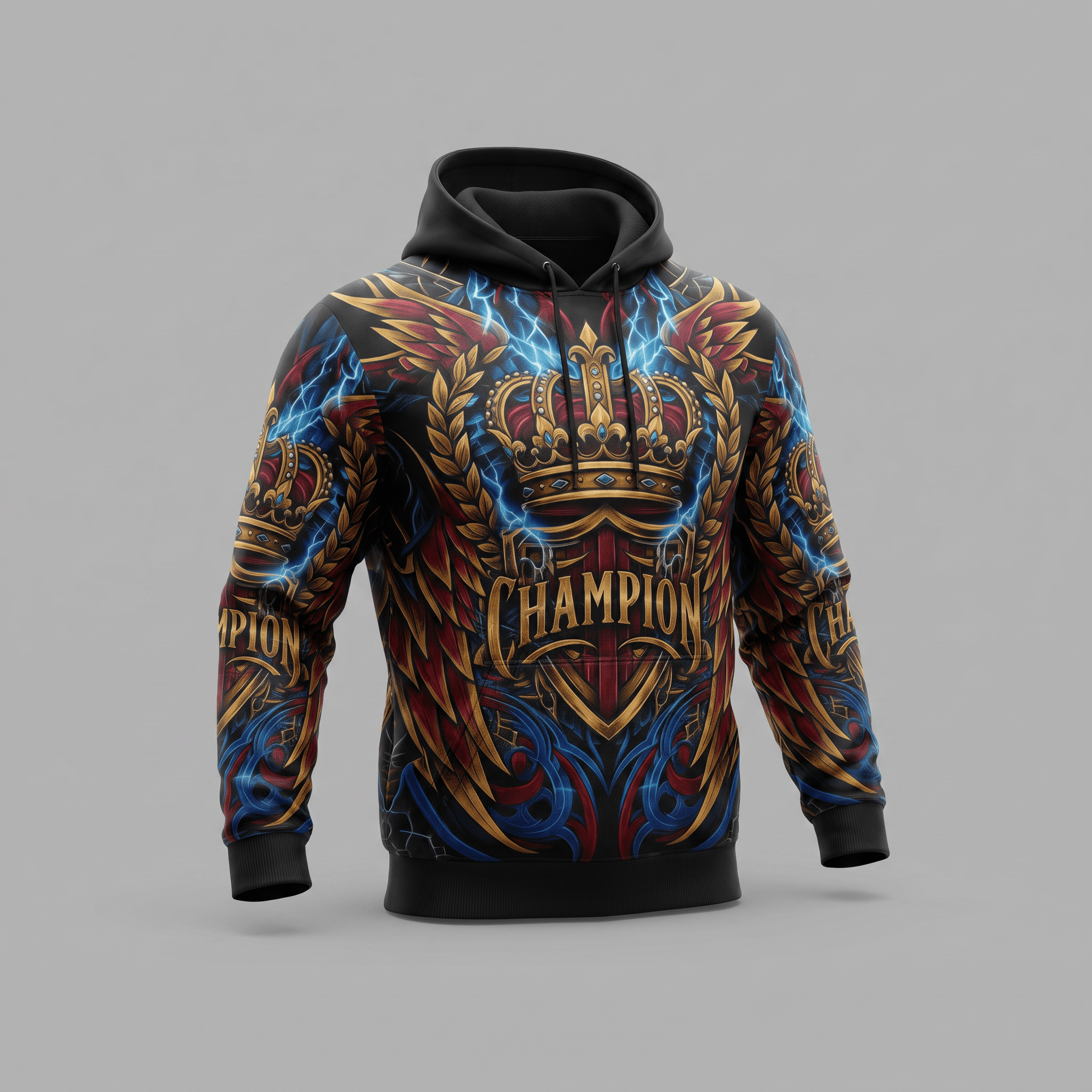 Black hoodie featuring a golden crown, wings, lightning, and Champion text graphic.
