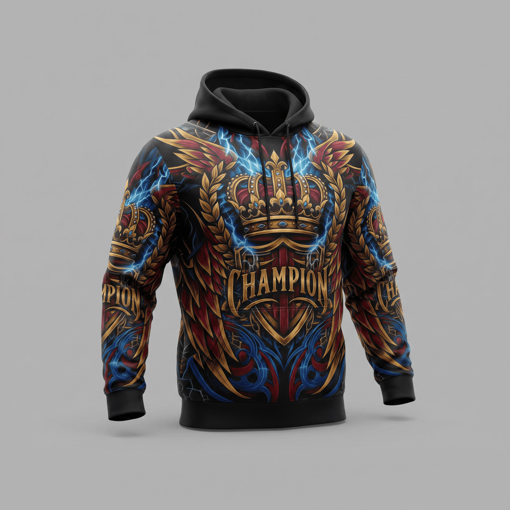 Black hoodie featuring a gold crown, wings, lightning, and Champion text graphic.