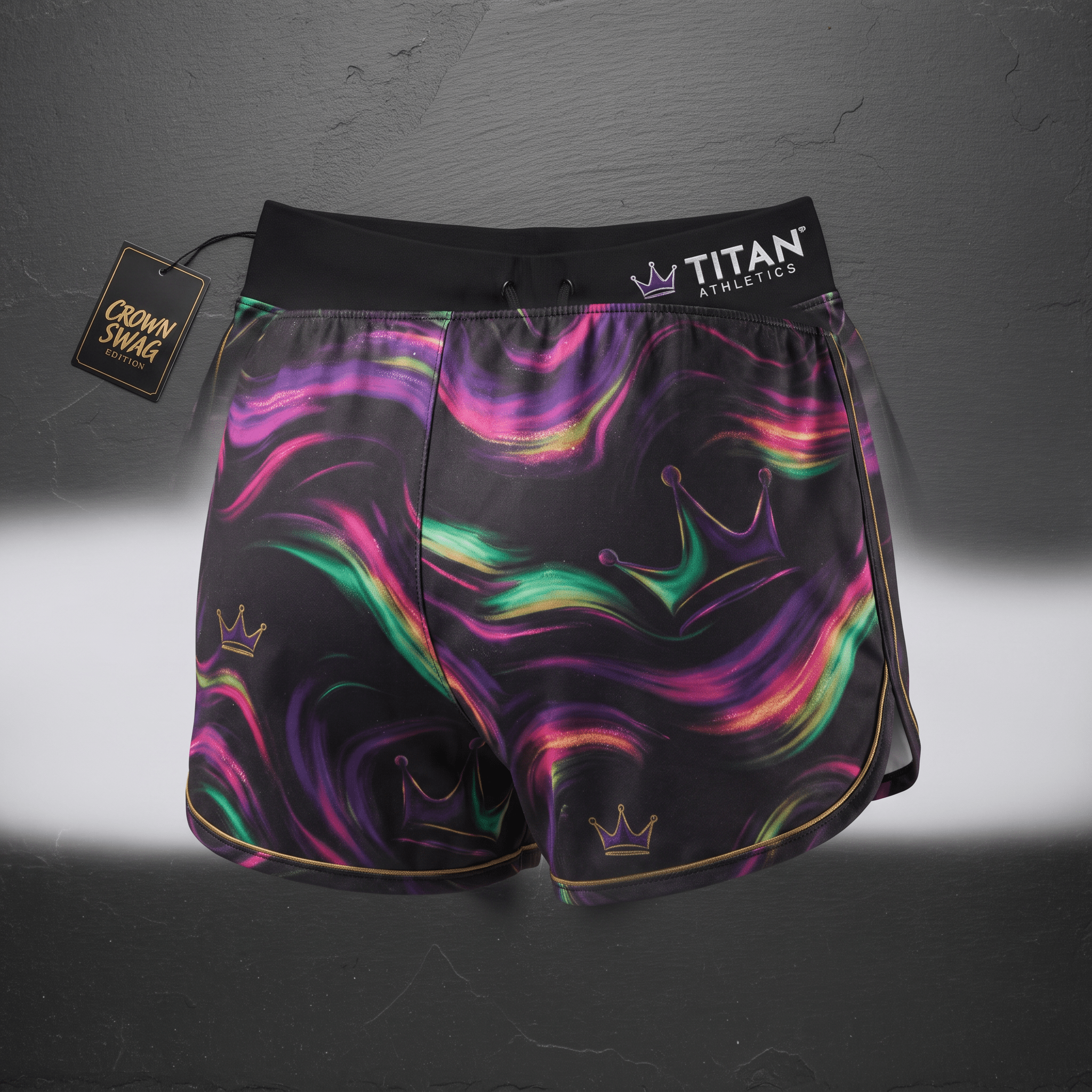 Titan Athletics Crown Swag shorts in black with colorful abstract swirl pattern and crown logos.