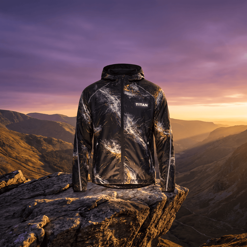Black zip-up athletic jacket with a white and gold marbled print, Titan logo, and hood against a mountain sunset.