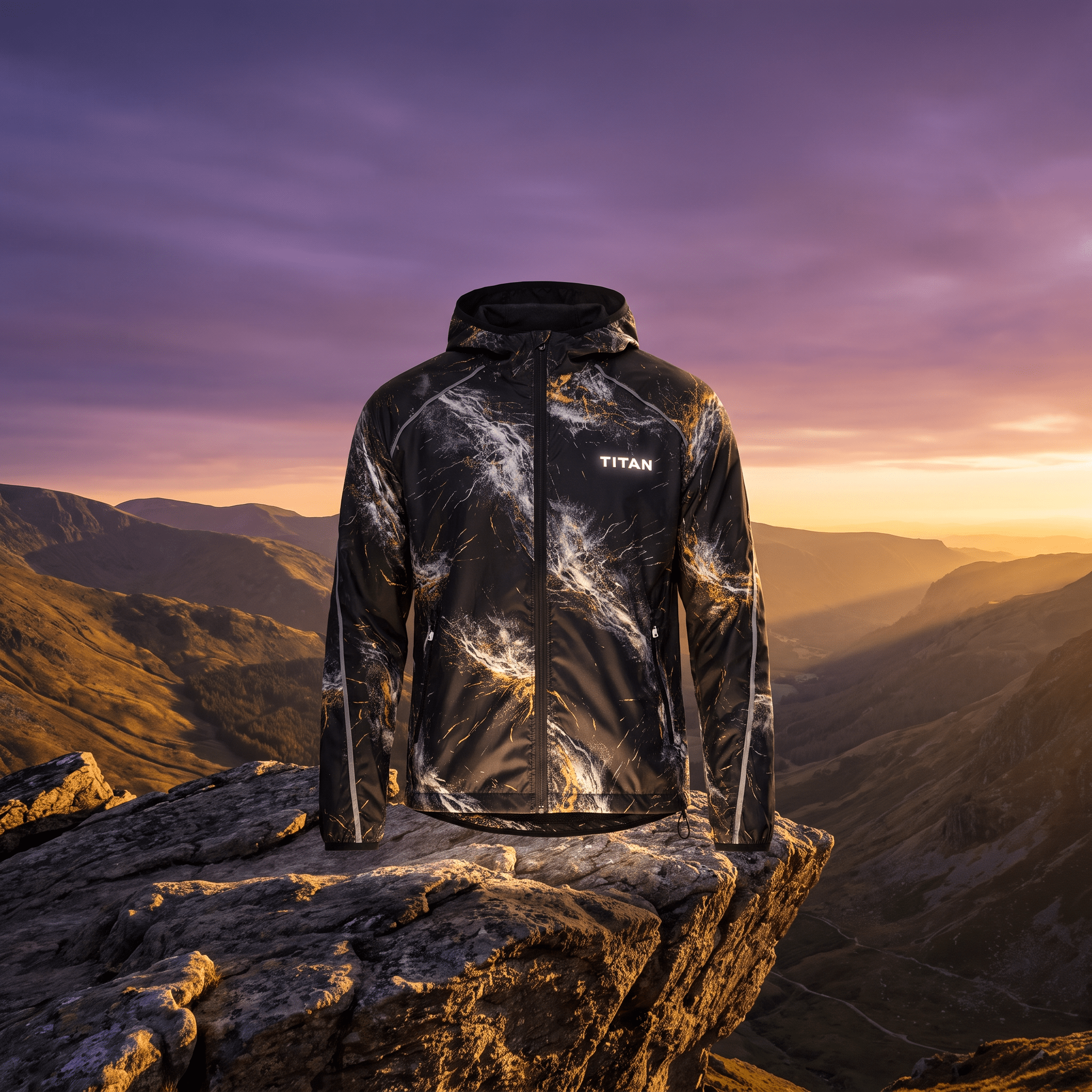 Black zip-up athletic jacket with a white and gold marbled print, Titan logo, and hood against a mountain sunset.