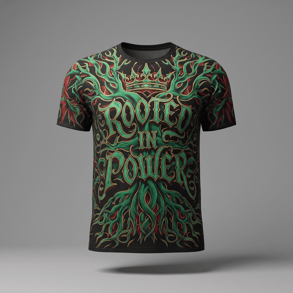 Black t-shirt with green and red graphic of roots, a crown, and text reading Rooted in Power.