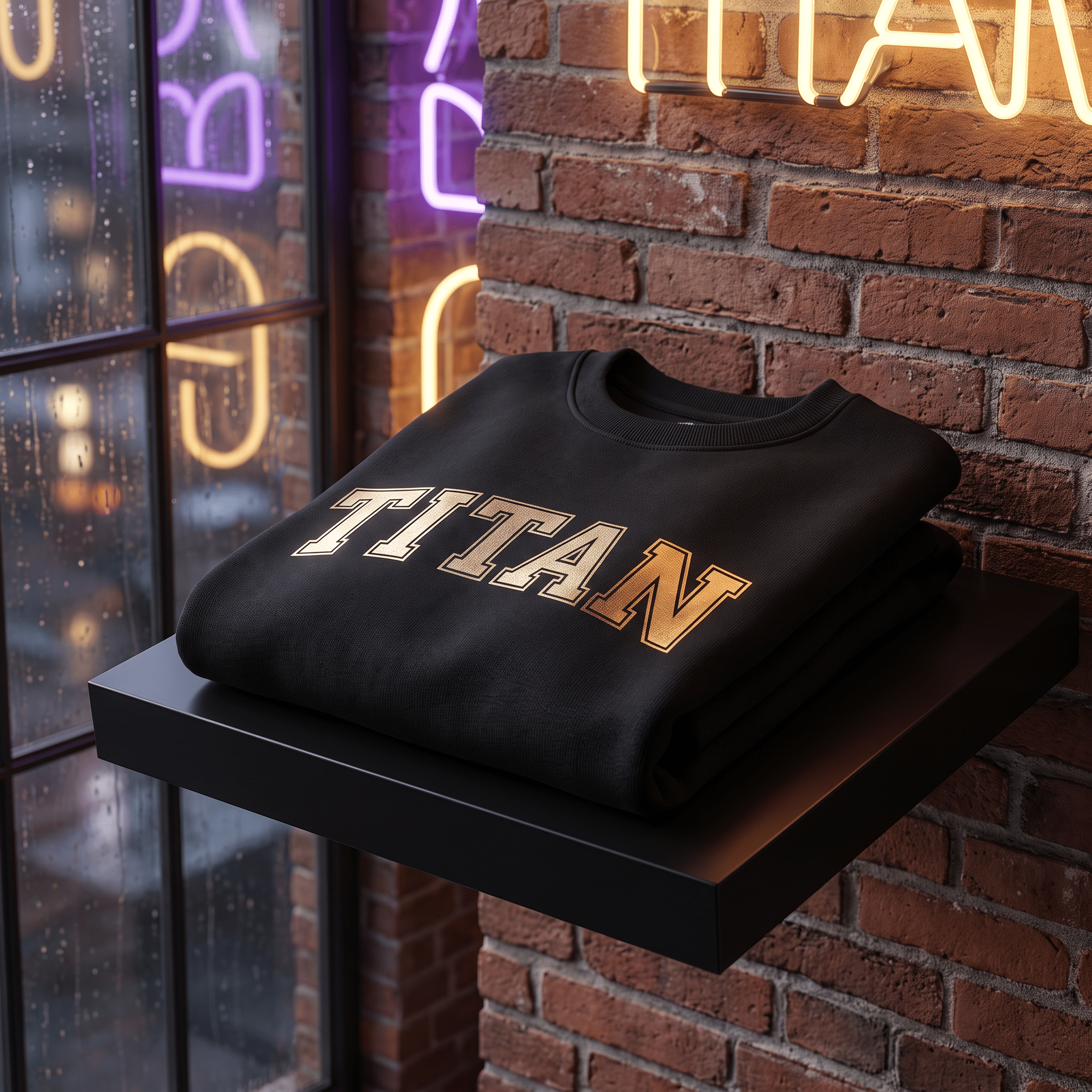 Black crewneck sweatshirt with gold "TITAN" text, folded on a black shelf against a brick wall with neon signs.