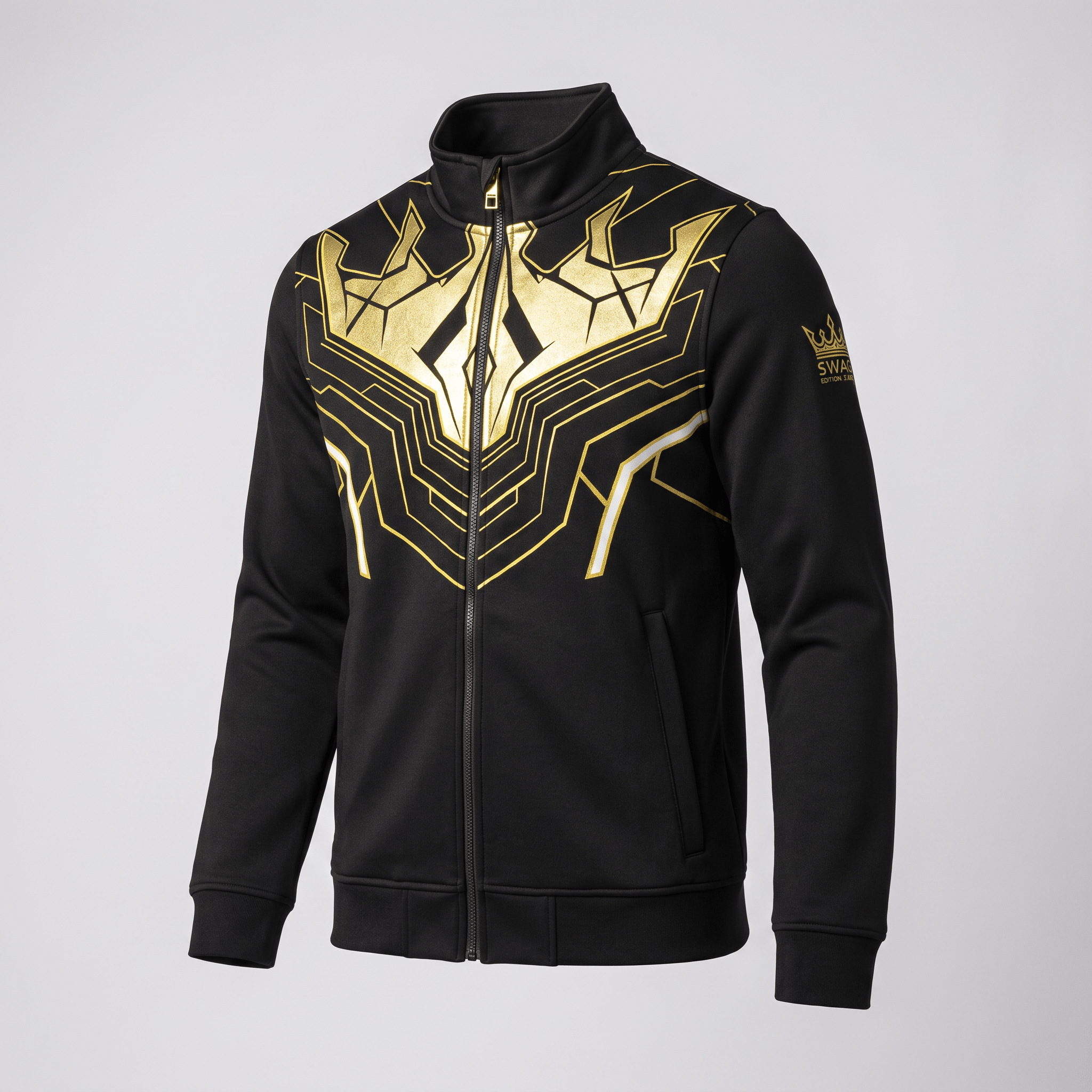 Black zip-up track jacket with a high collar and gold geometric crown graphic on the chest.
