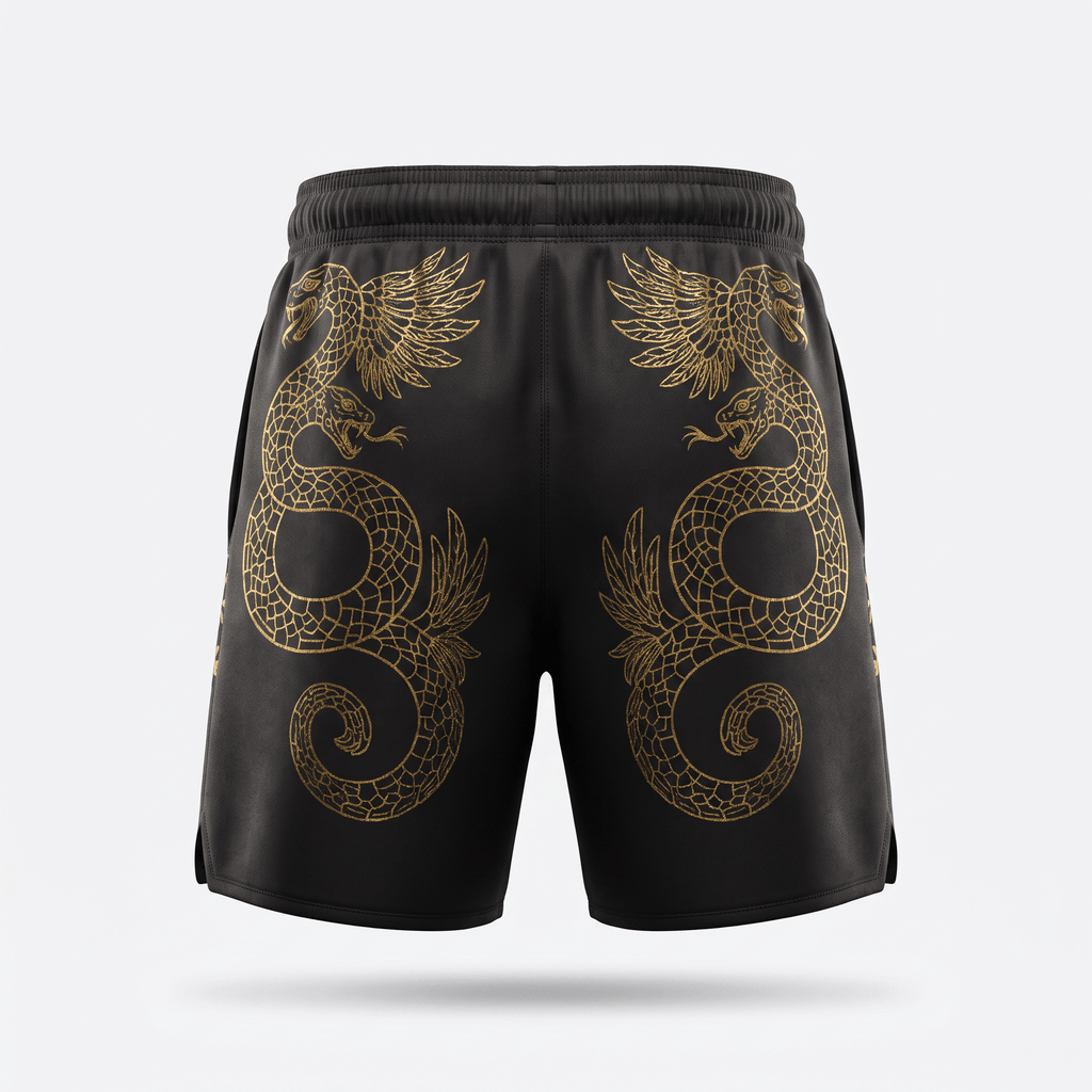 Black athletic shorts featuring a gold-foil winged serpent graphic on the front legs.