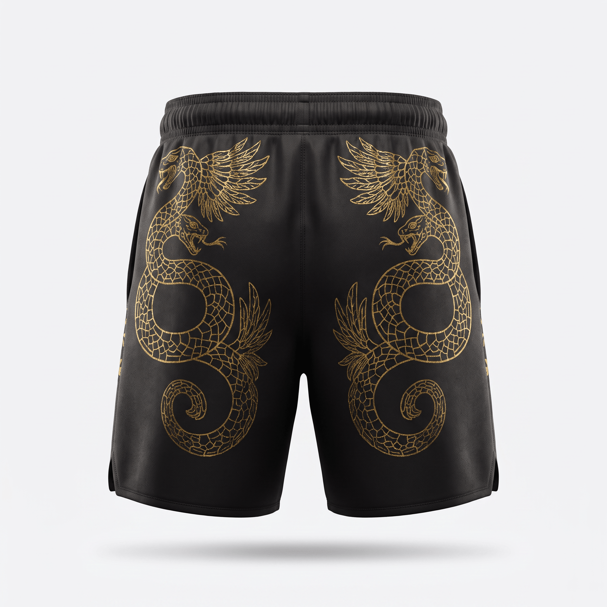 Black athletic shorts featuring a gold-foil winged serpent graphic on the front legs.