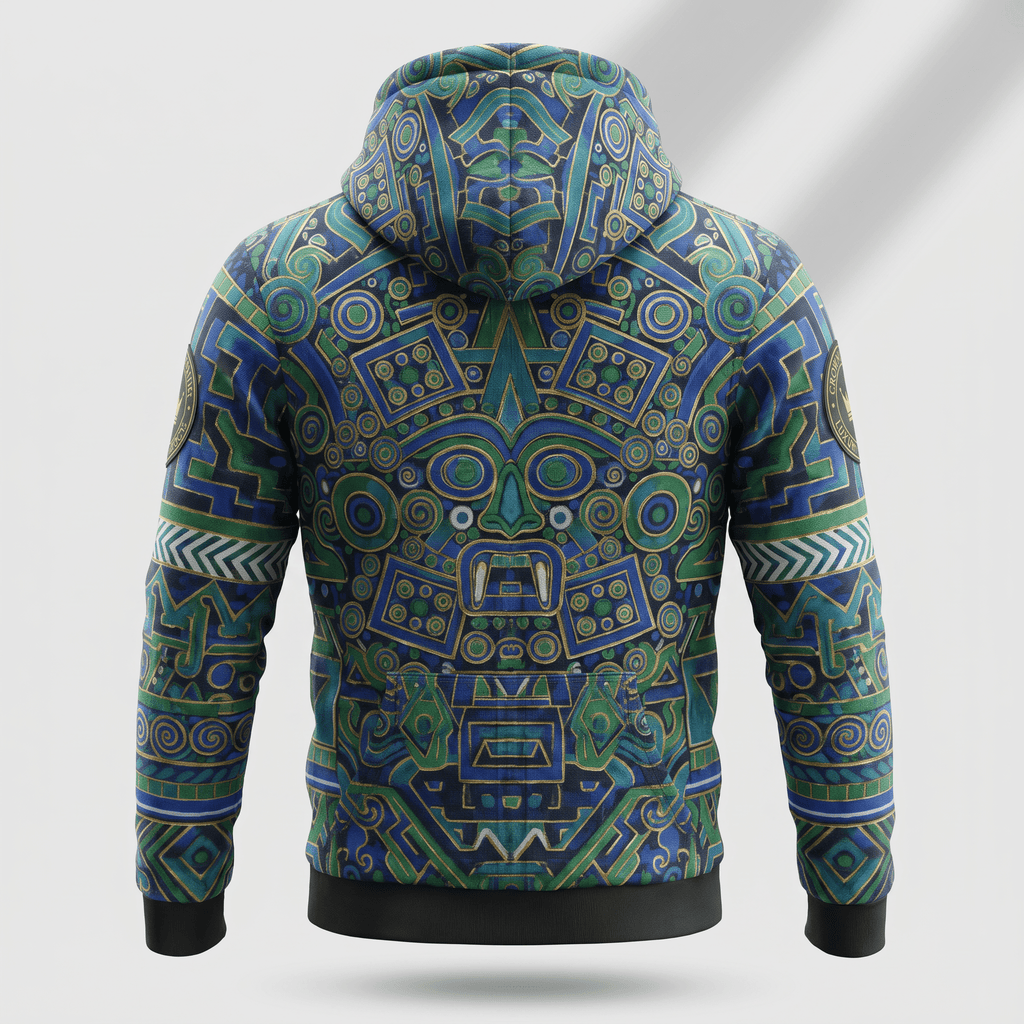 Back view of a blue and green hoodie featuring intricate Aztec-inspired geometric patterns and a central face motif.