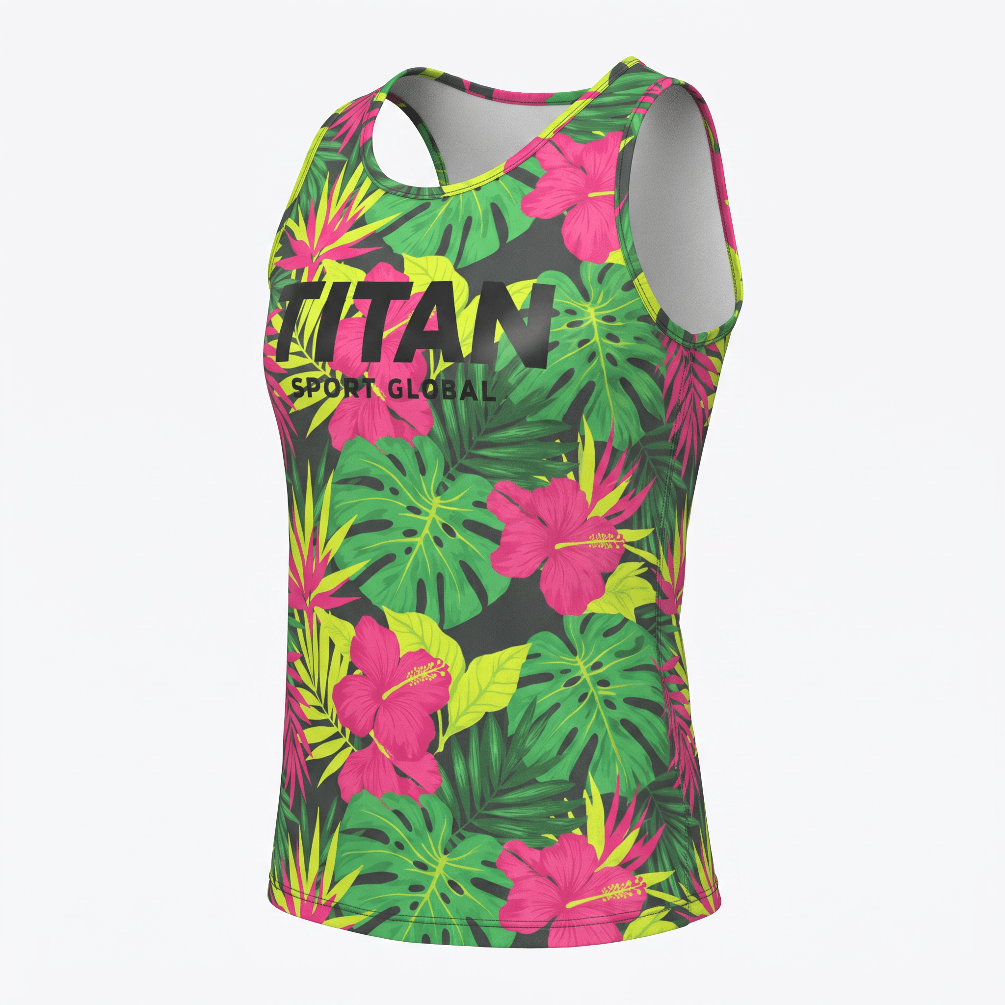 Titan Sport Global athletic tank top with black, pink, and green tropical floral print.