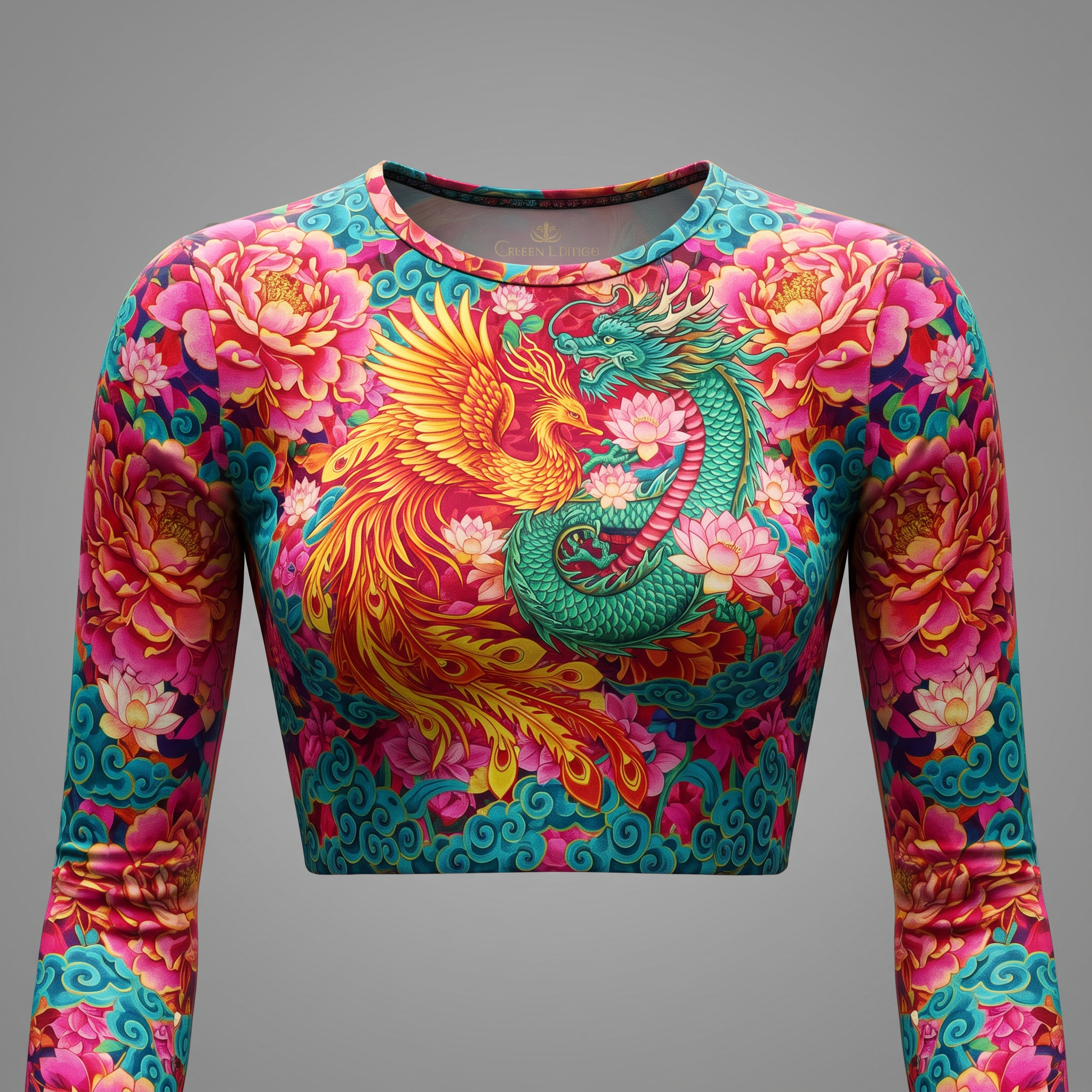 Long-sleeve crop top featuring a vibrant pink, turquoise, and gold dragon and phoenix floral print.