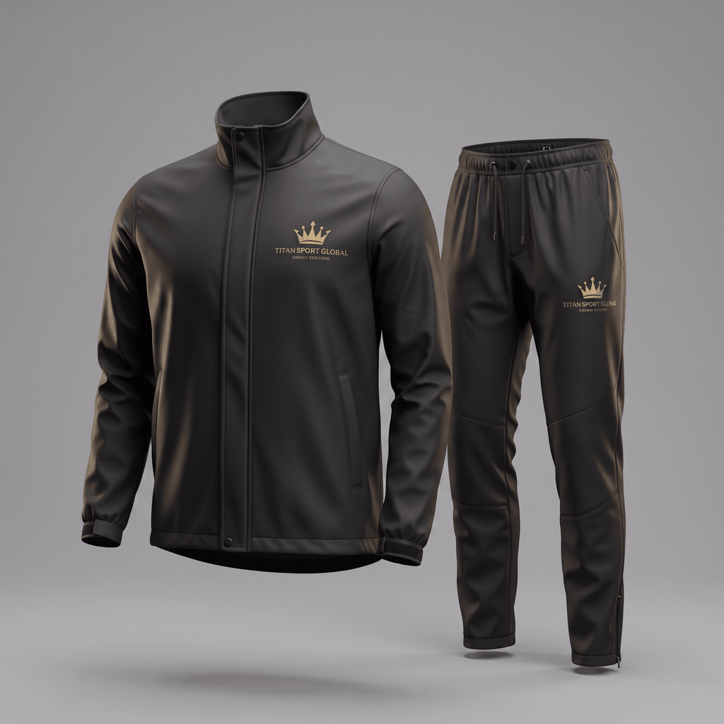 Black athletic tracksuit with gold Titan Sport Global logo featuring a jacket and matching pants.