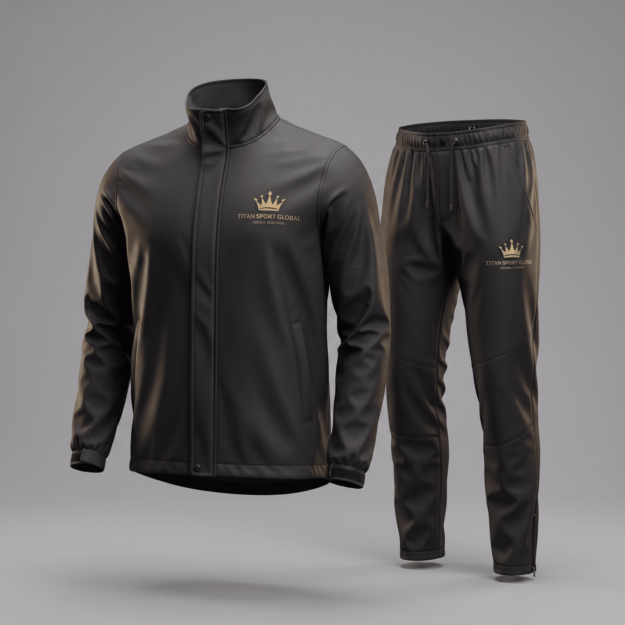 Black athletic tracksuit with gold Titan Sport Global logo featuring a jacket and matching pants.