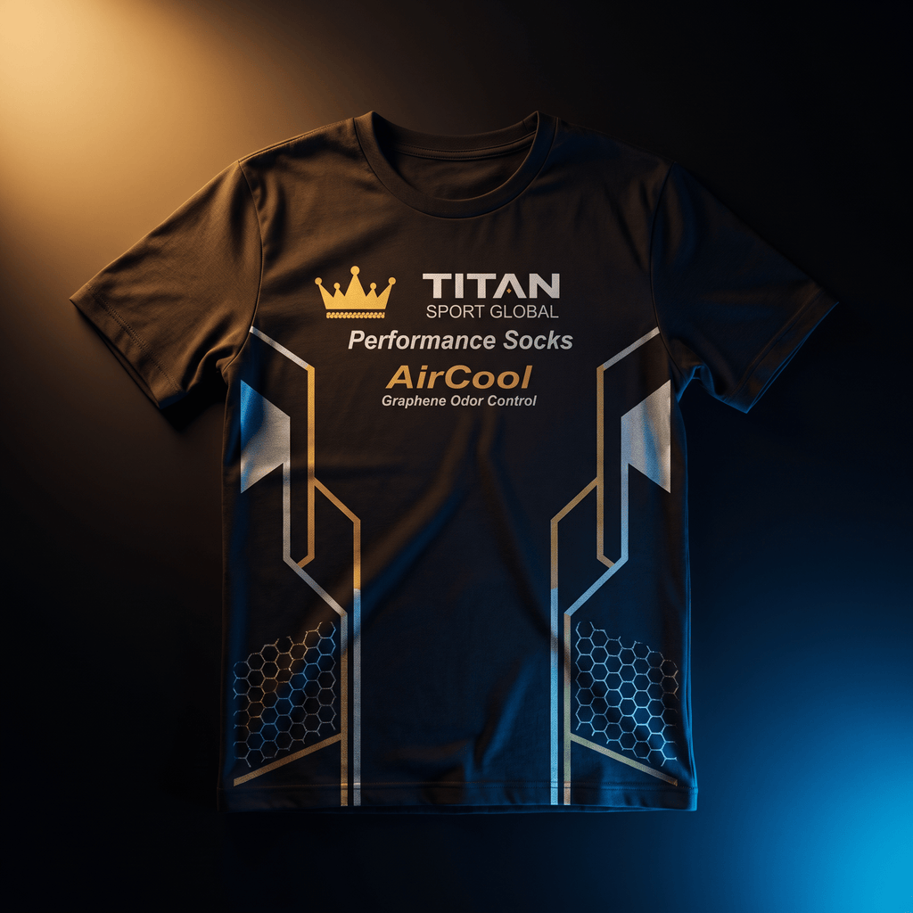 Black athletic t-shirt with Titan Sport Global branding, gold crown, silver geometric accents, and honeycomb patterns.