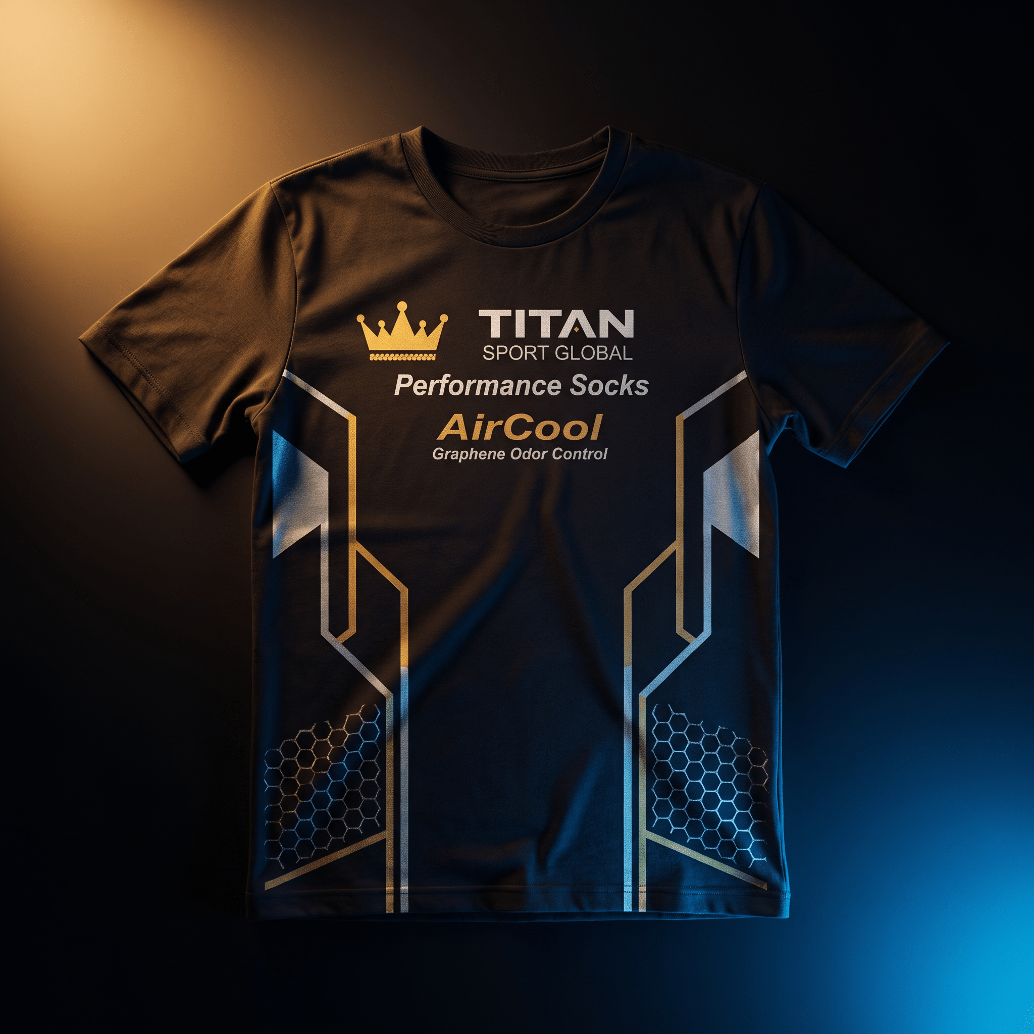 Black athletic t-shirt with Titan Sport Global branding, gold crown, silver geometric accents, and honeycomb patterns.