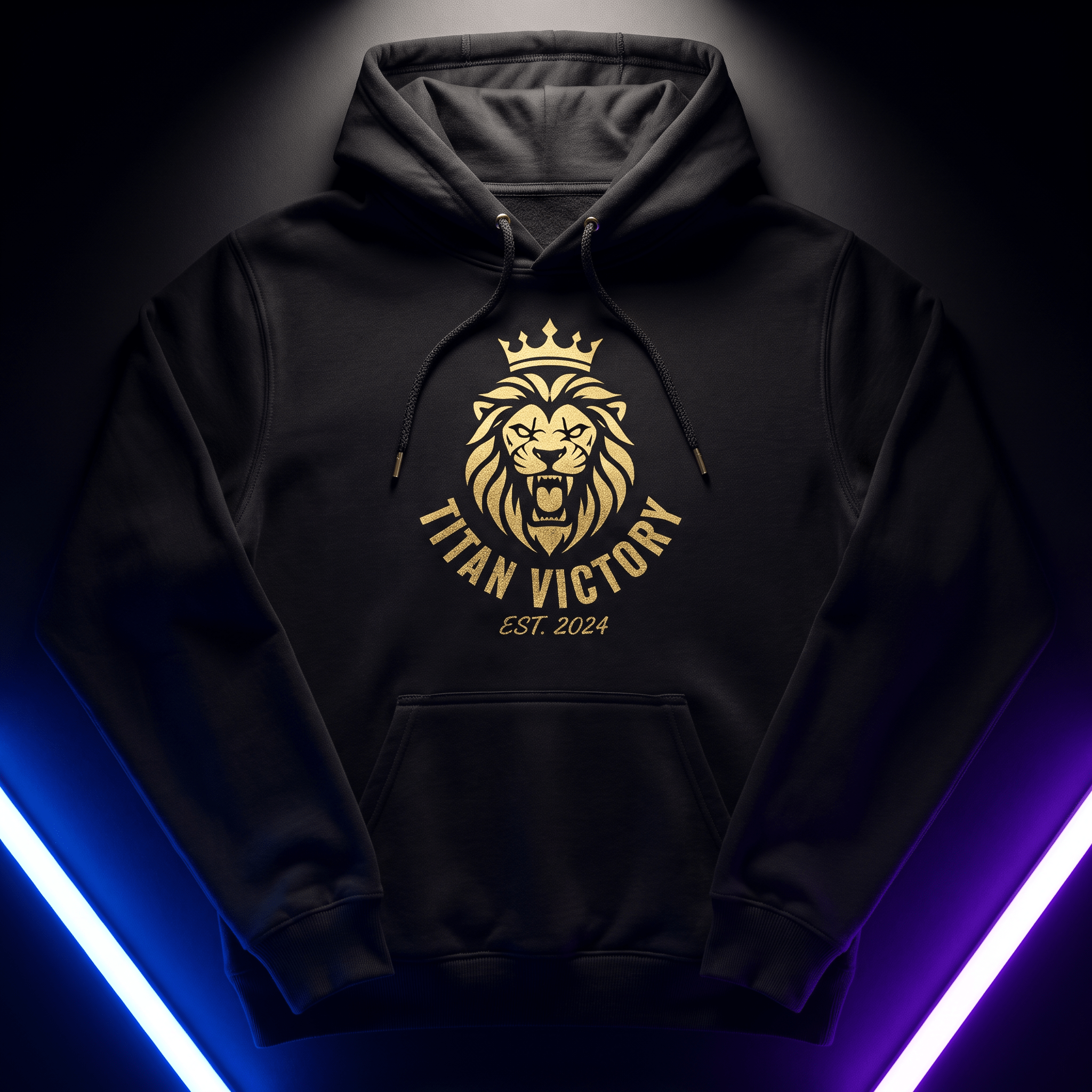 Black hoodie with a gold lion wearing a crown, "Titan Victory Est. 2024" logo, on a black background with neon lights.