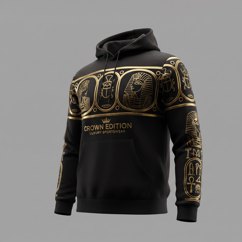 Black hoodie with gold Egyptian hieroglyphics and Crown Edition logo graphic across the chest and sleeves.