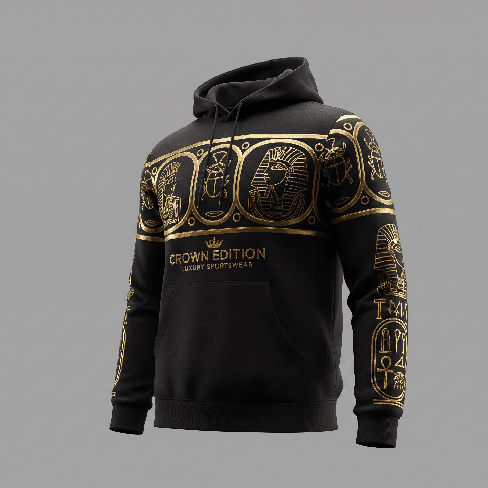 Black hoodie with gold Egyptian hieroglyphics and Crown Edition logo graphic across the chest and sleeves.