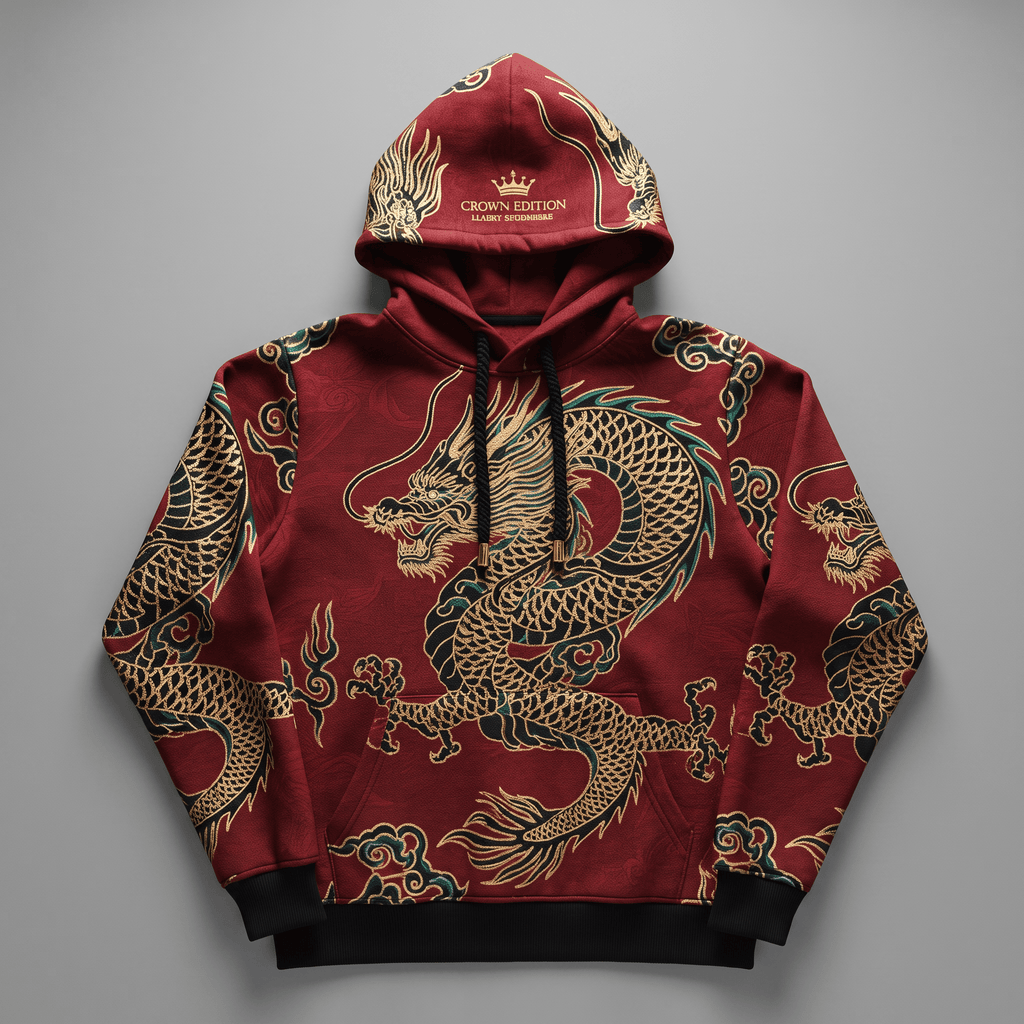 Red hoodie with intricate gold dragon pattern, black cuffs, and a Crown Edition logo on the hood.