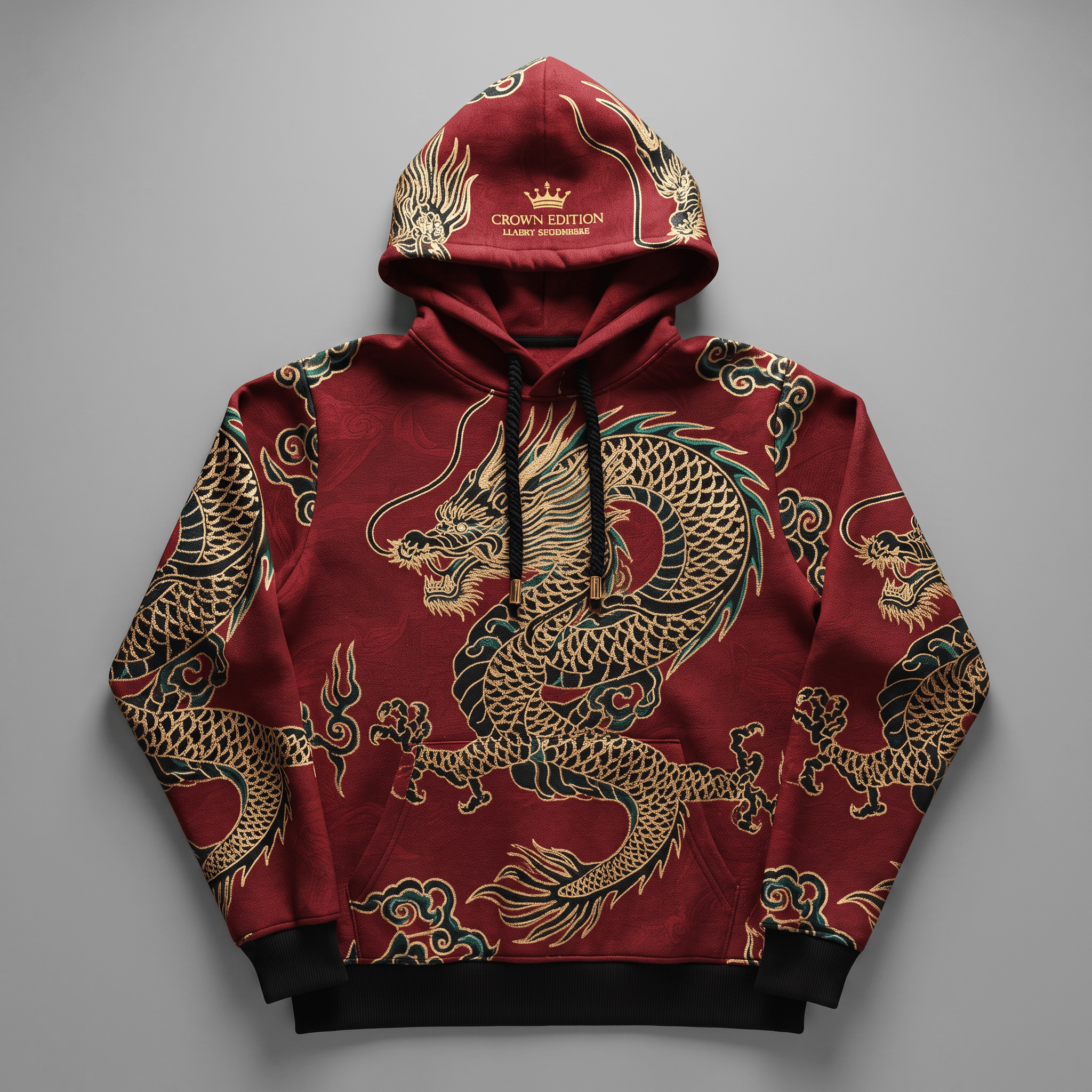 Red hoodie with intricate gold dragon pattern, black cuffs, and a Crown Edition logo on the hood.