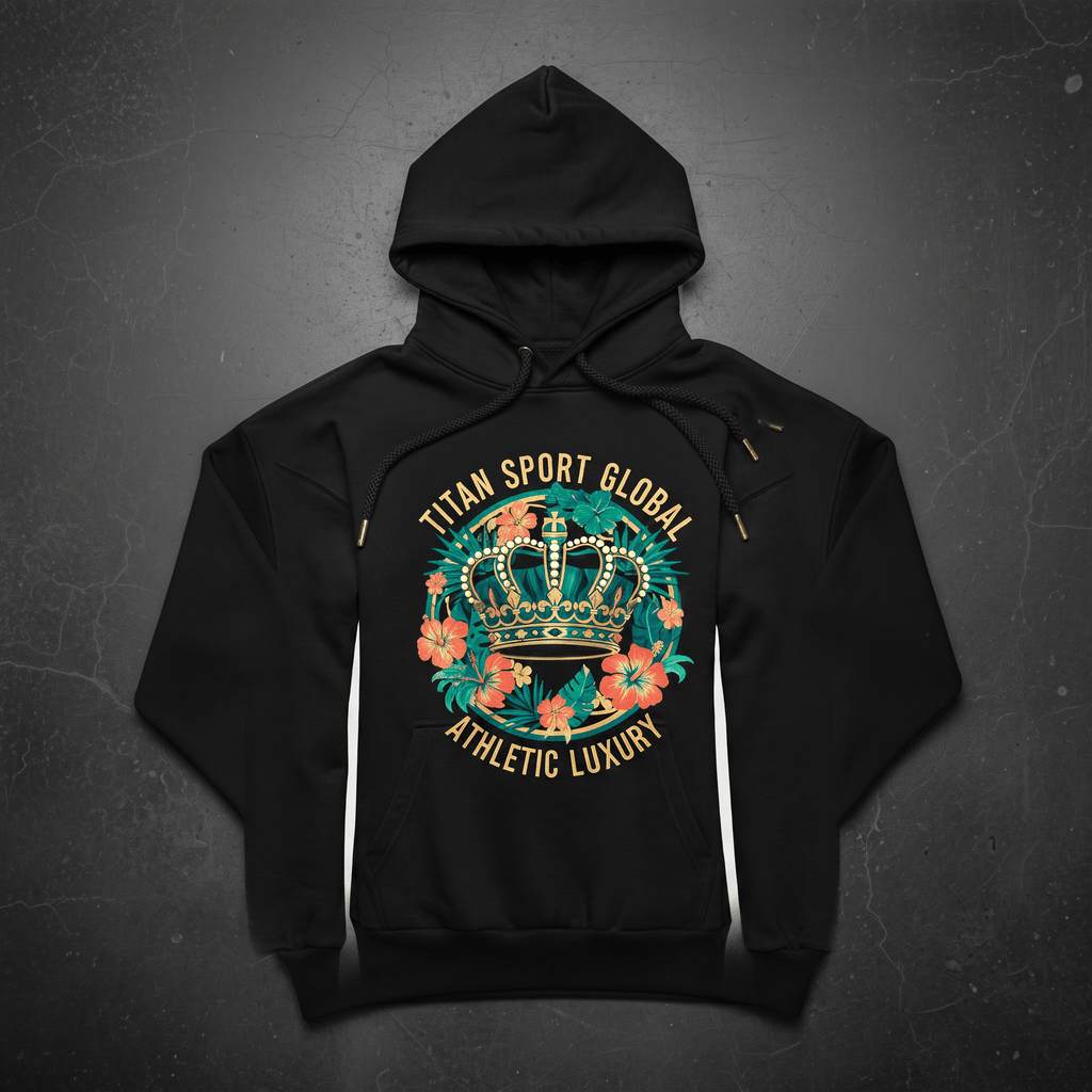 Black hoodie with a tropical crown graphic and Titan Sport Global Athletic Luxury text.