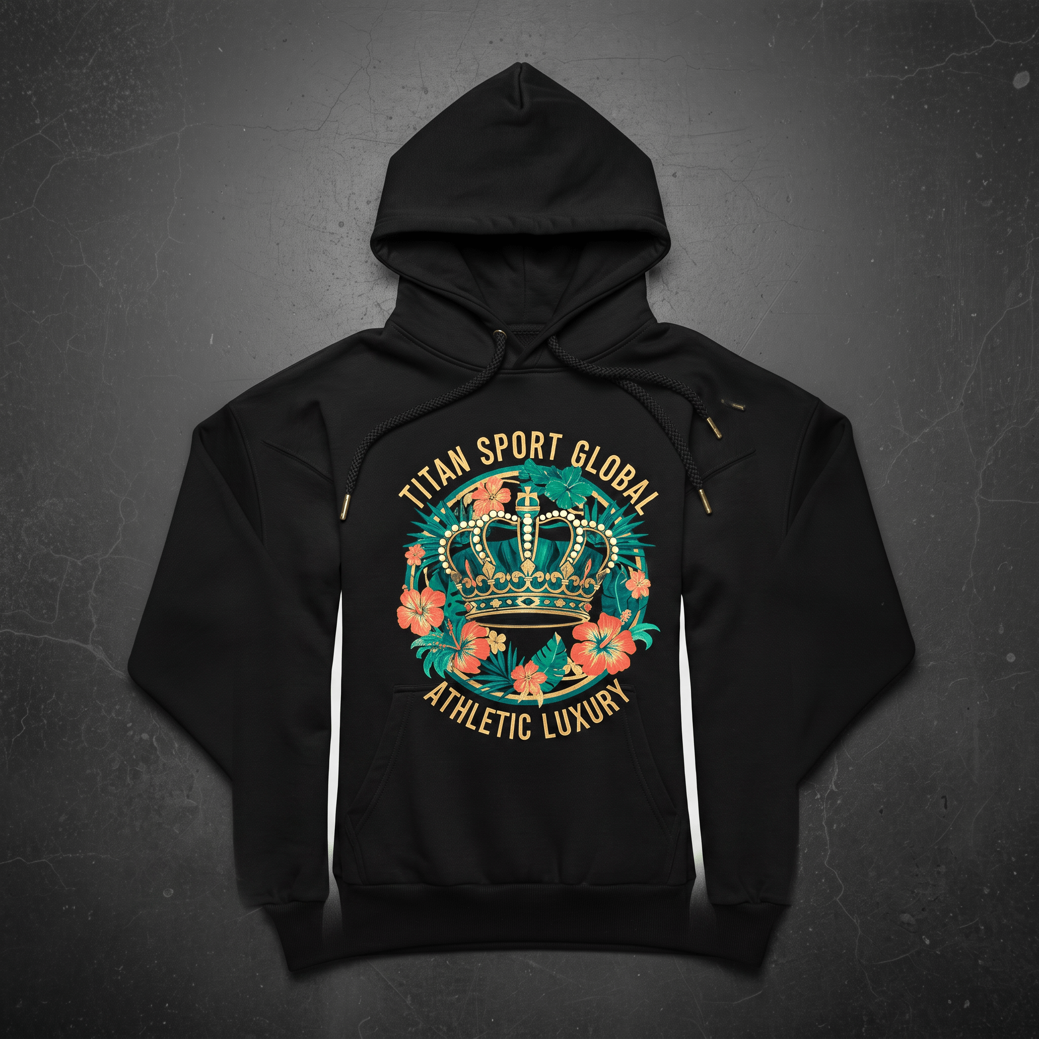 Black hoodie with a tropical crown graphic and Titan Sport Global Athletic Luxury text.