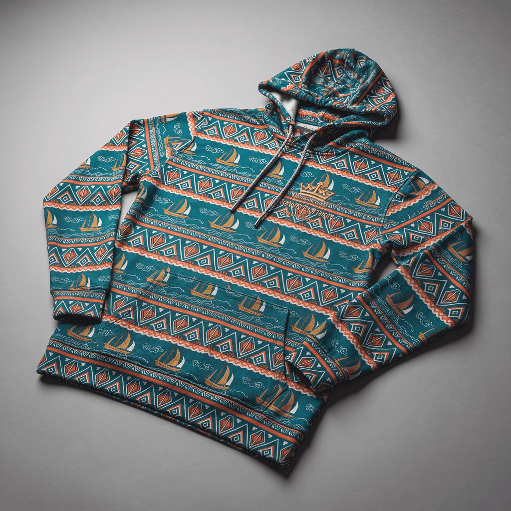 Teal hoodie with a vibrant orange and white sailboat and geometric pattern, featuring a front pocket and hood.