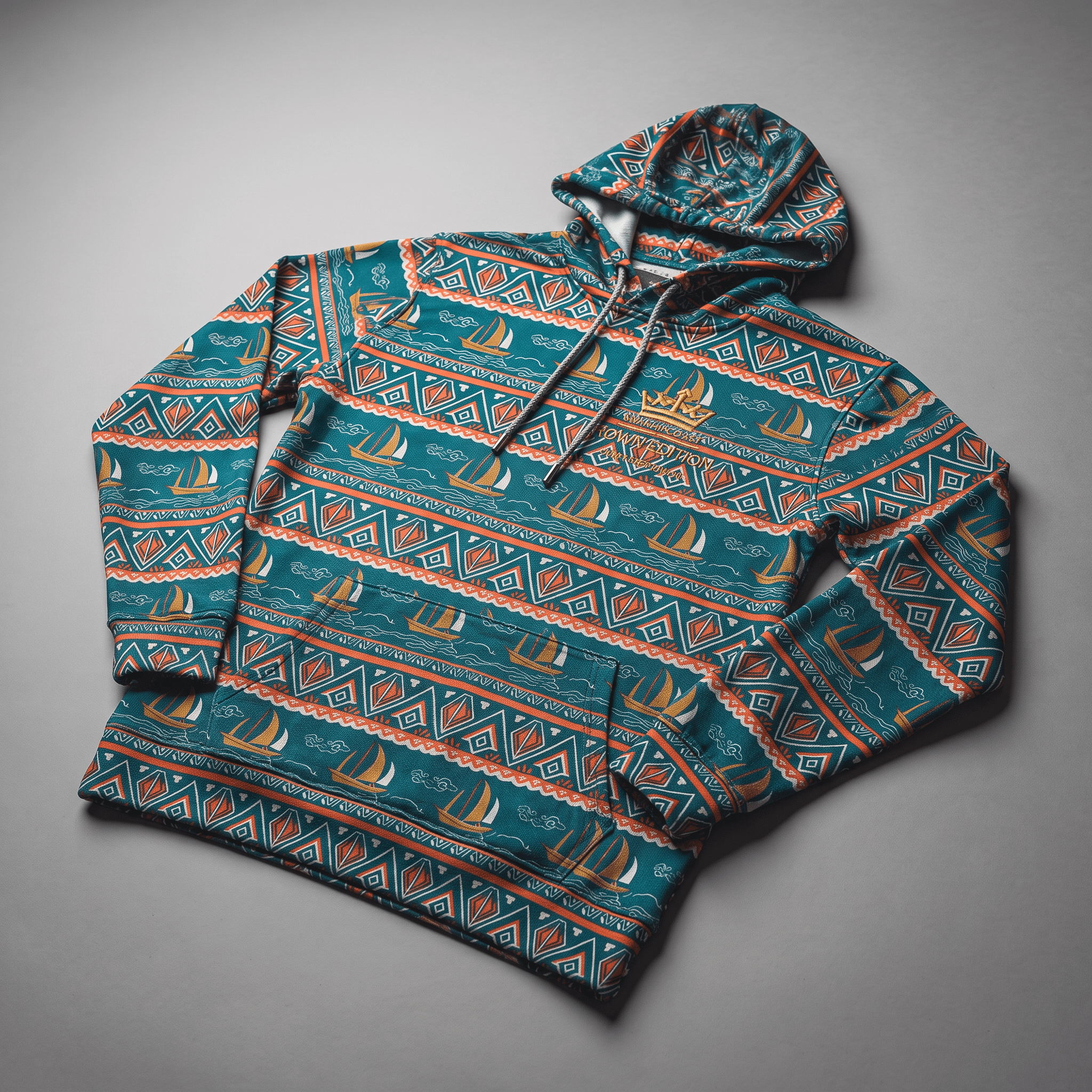 Teal hoodie with a vibrant orange and white sailboat and geometric pattern, featuring a front pocket and hood.