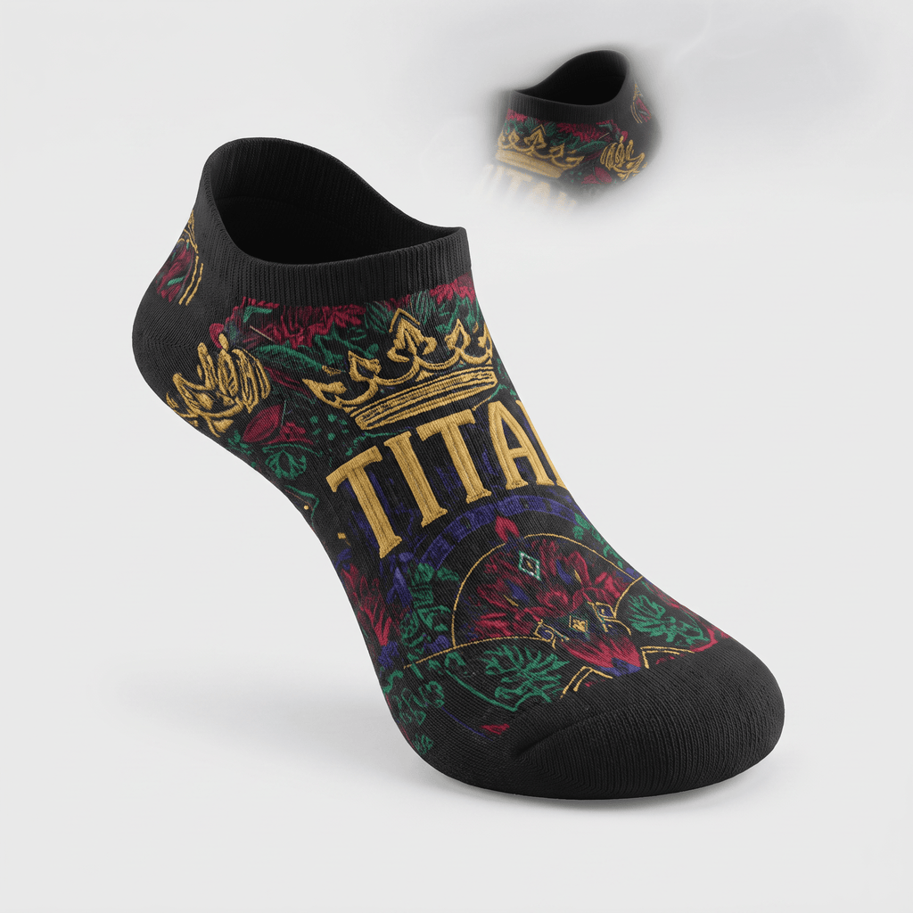 Black ankle socks featuring a gold crown, floral pattern, and the word Titan.