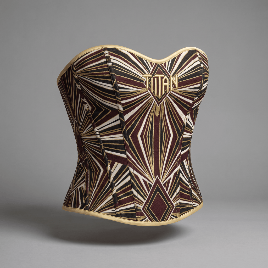 Strapless Art Deco corset in burgundy, black, white, and gold with Titan logo on a grey background.