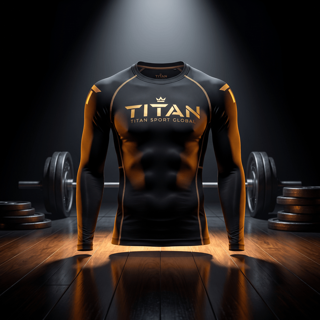 Black long-sleeve compression shirt with gold "TITAN" logo, centered against a gym background with weights.